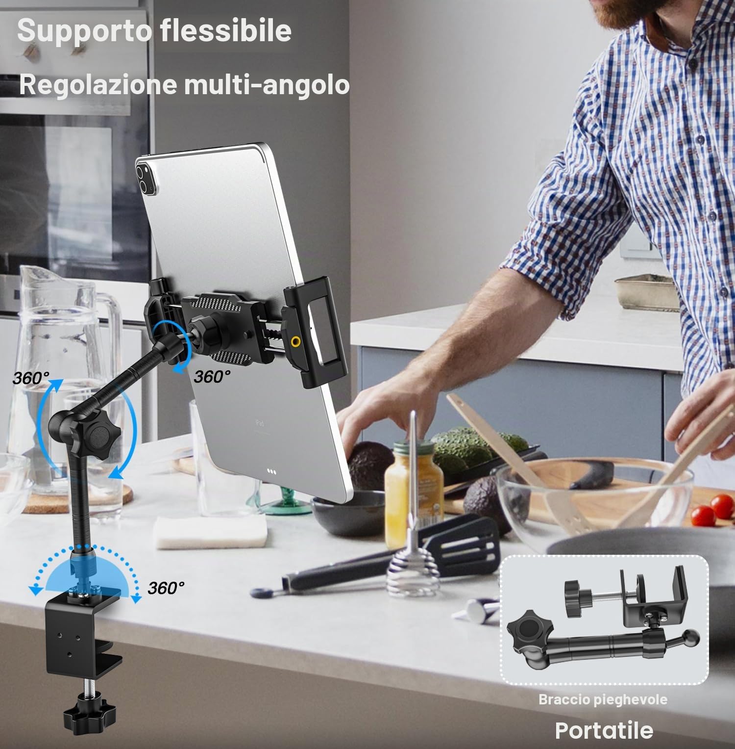 Supporto Tablet Cucina Scrivania - Adatto per Tavolo e Mobile | Supporto Tablet Banco con Braccio Metallico Regolabile per iPad Pro 12.9 Air Mini, Galaxy Tab Ultra, Switch, 6-14.6"