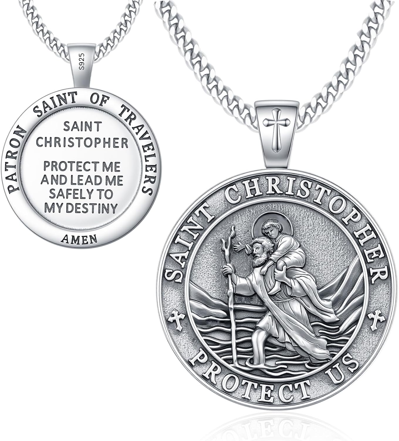 Odinstone S925 Sterling Silver Patron Saint Religious Necklace St Michael/St Christopher Pendant Protect Us Medal Amulet Religious Jewelry for Men Women,with 22"+2" Stainless Steel Chain