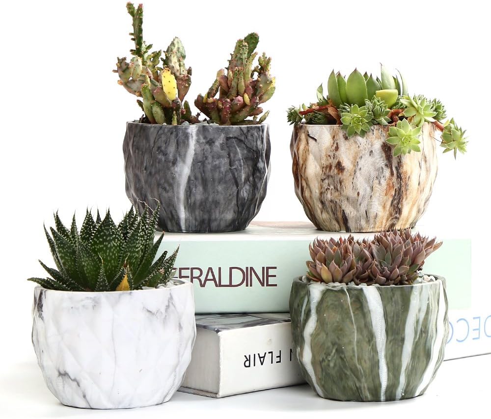 SUN-E Modern style Marbling Ceramic Flower Pot Succulent/Cactus Planter Pots Container Bonsai Planters With Hole 8.5 cm Idea(Set Of 4)