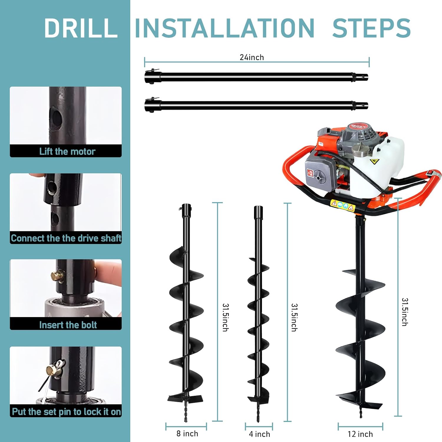 72cc Post Hole Digger, Gas Powered Post Hole Digger, Earth Auger Digger with 3 Drill Bit 4" & 8" & 12" and 2 Extension Rods 24" 24" for Planting Fence Farmland Garden & Plant, 2200W