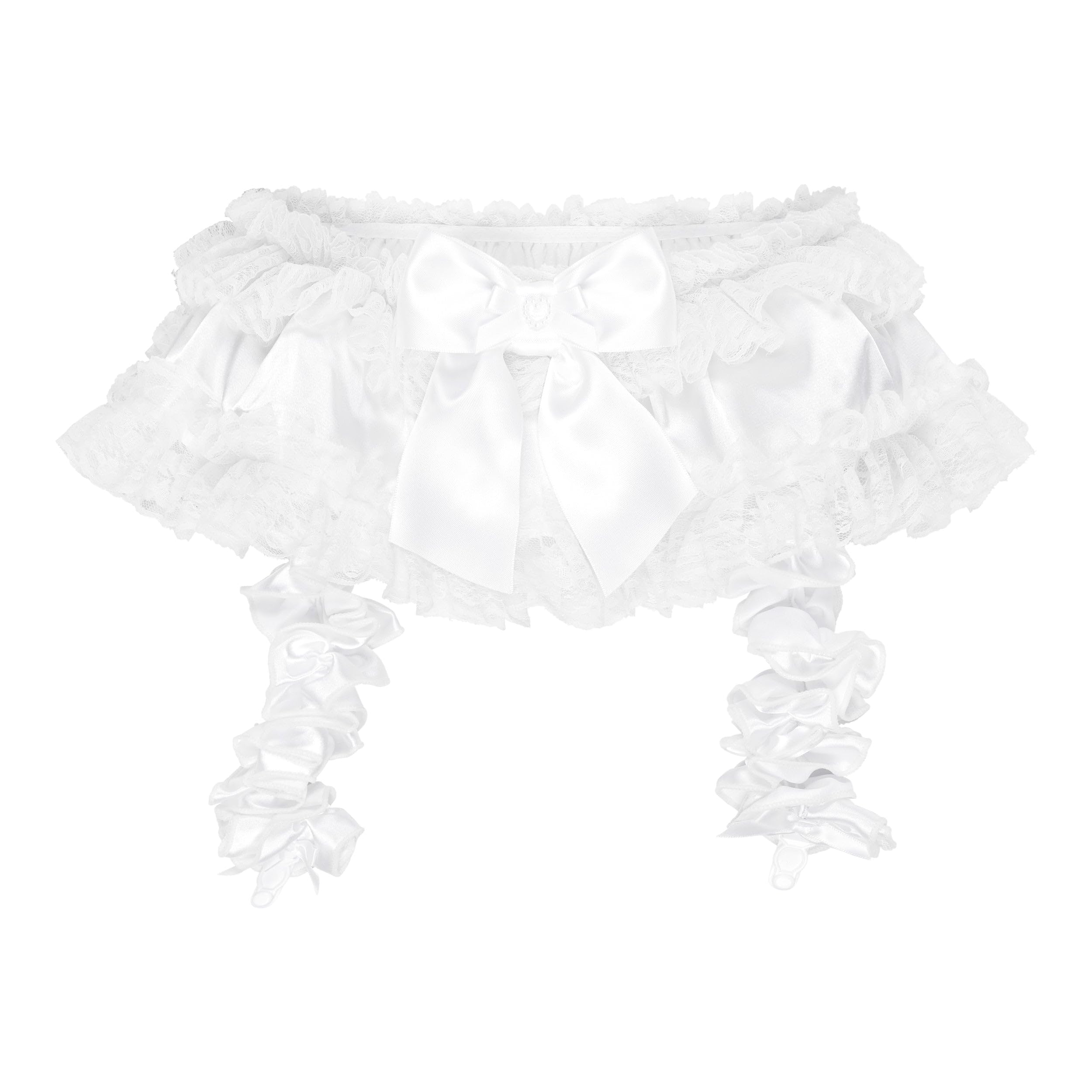 Satini Frilly Lace Sissy Silky Satin Garter Suspender Belt Lingerie Knickers (White - White Lace, L)