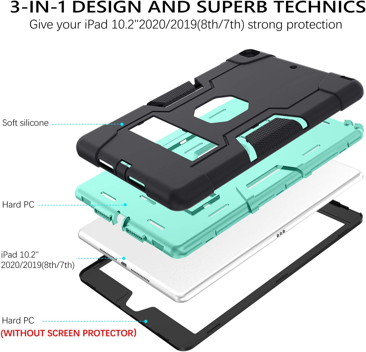 GUAGUA Case for iPad 8th/7th Generation, iPad 10.2 Case 2020/2019 Kickstand Heavy Duty Cover for Kids 3 in 1 Rugged Shockproof Protective Anti-Scratch Tablet Case for iPad 10.2" 2020/2019 Black/Green