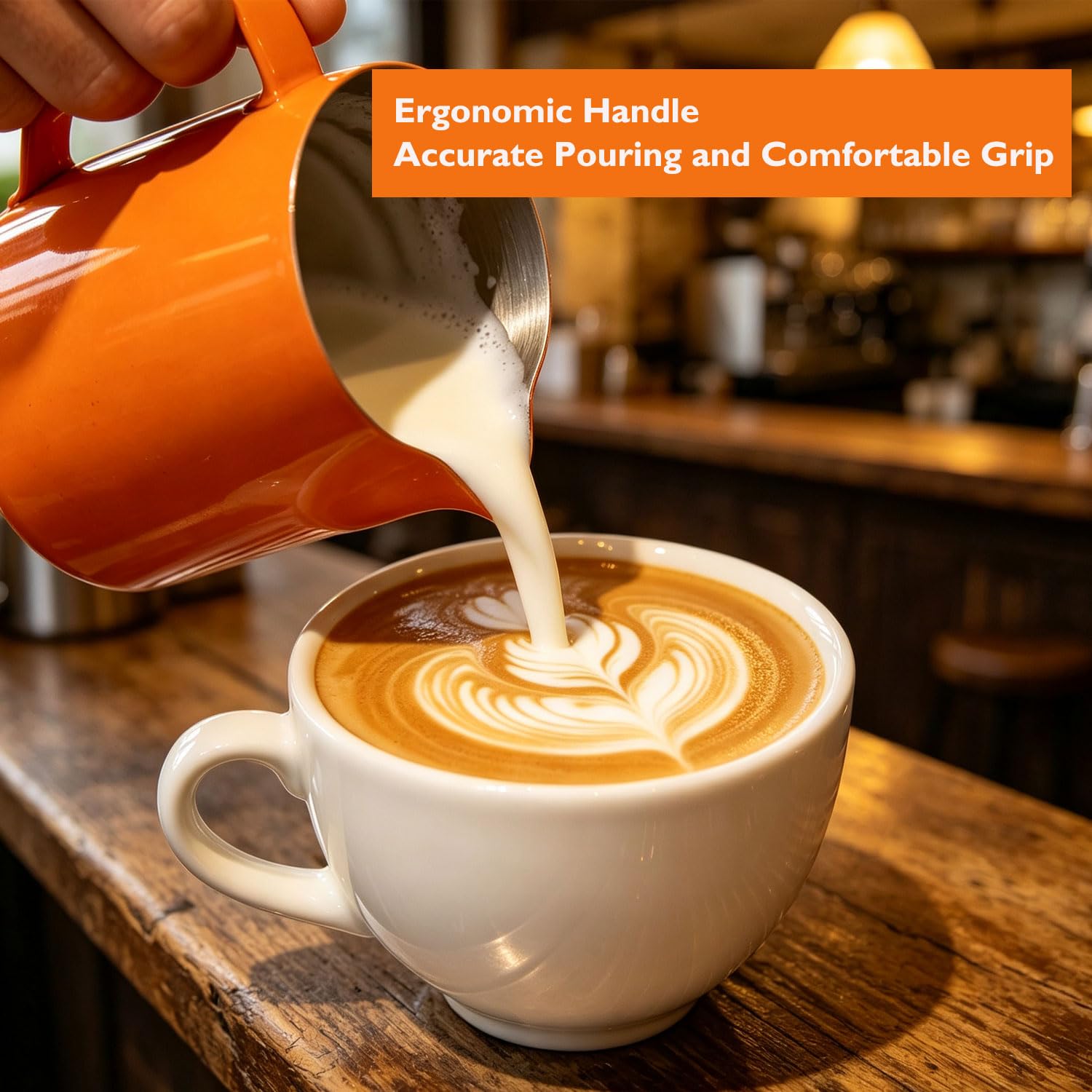 Dzbanek do spieniania mleka do ekspresu do kawy, 600 ml, dzbanek do spieniania mleka ze stali nierdzewnej 304, ze skalą pomiarową, styl baristy, do cappuccino latte i espresso, pomarańczowy