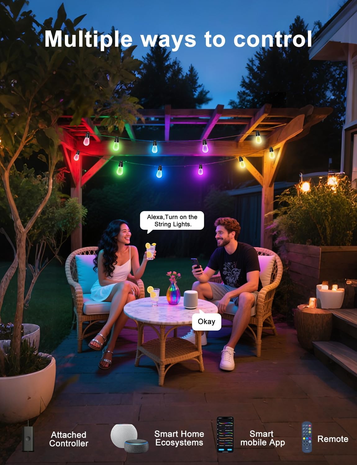 Outdoor String Lights, 50ft Smart RGB IC Warm White Patio Lights Outdoor Waterproof with Remote & App Control, Compatible with Alexa Great for Deck, Gazebo, Balcony 6 719QErGL2ZL. AC SL1500