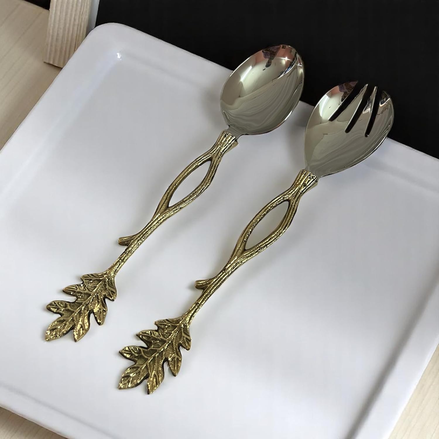 Luxury Salad Spoon and Slotted Fork Serving Set – Stainless Steel with Ornate Gold Leaf Handle – Premium 2-Piece Flatware Set for Salad, Pasta, Fruit – Vintage Decorative Utensils