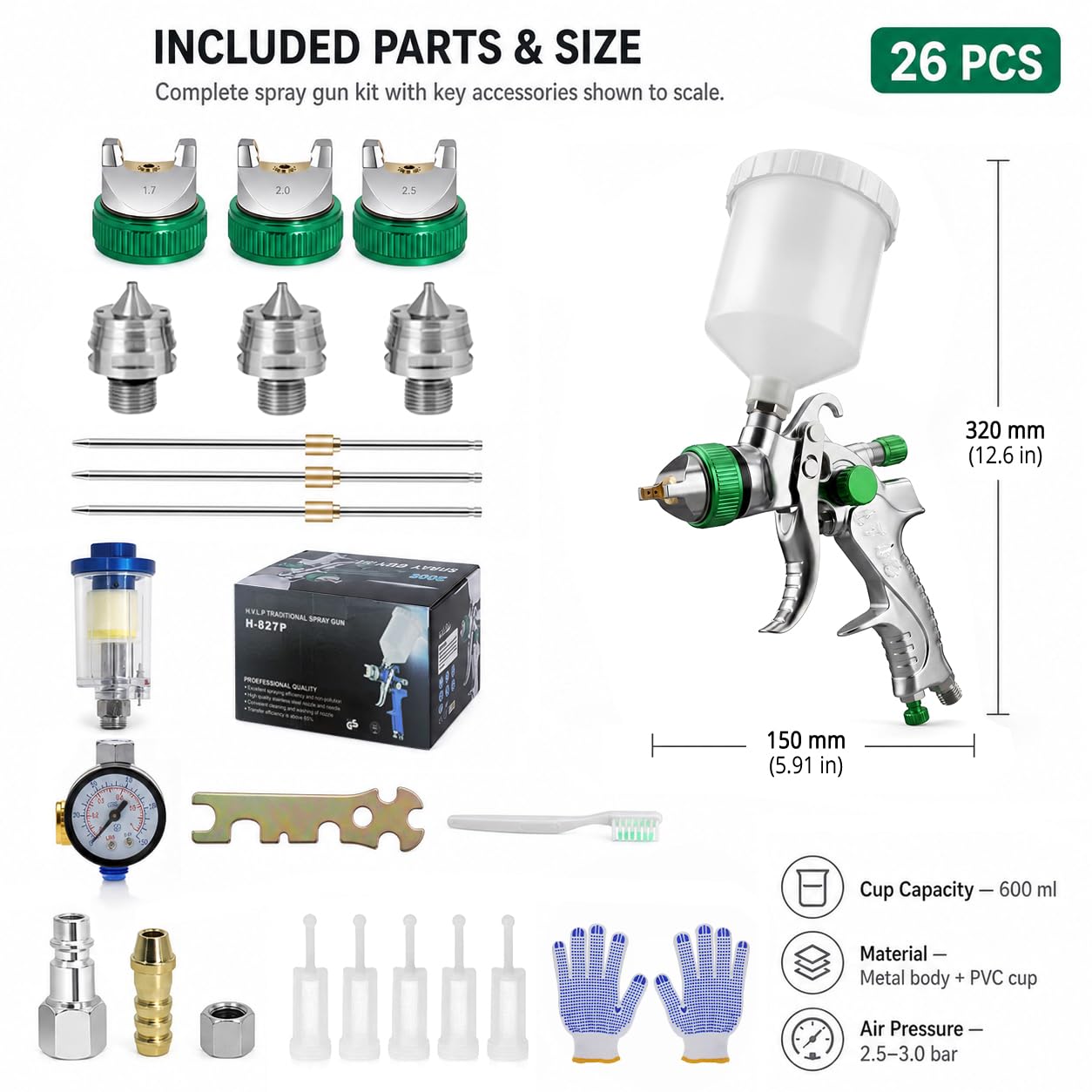 Pistolet à Peinture Pneumatique HVLP 600ml avec 4 Buses (1,4/1,7/2,0/2,5mm) pour Murs, Automobile et Rénovation - Vert