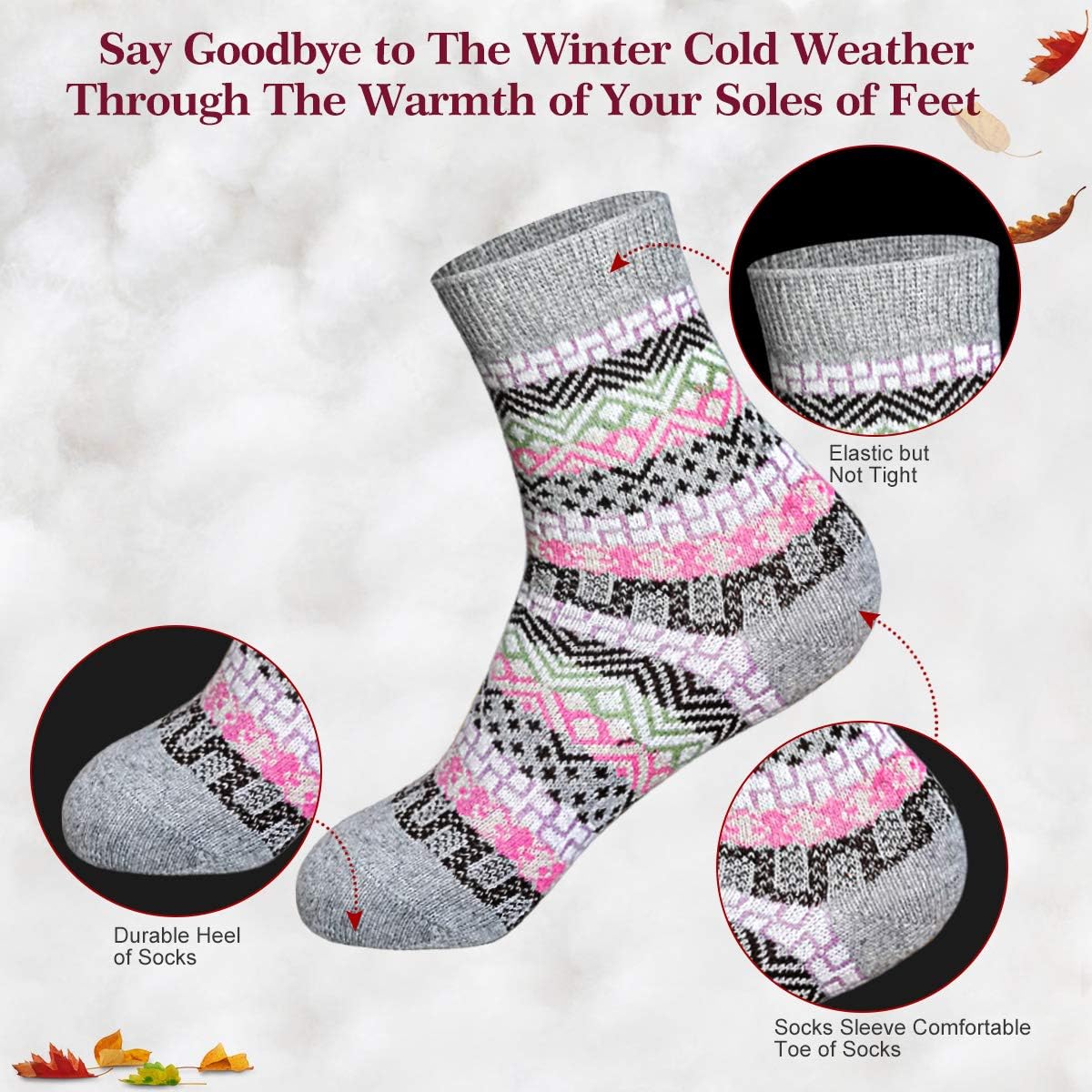 Women's Winter Socks 5 Pairs Thick Wool Soft Warm Casual Socks Vintage Socks for Women Free Size