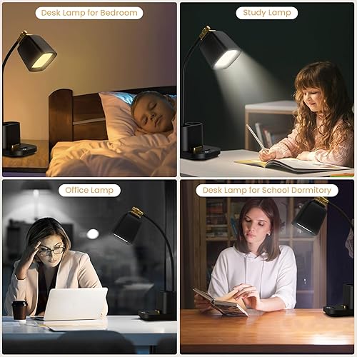 Miniatura 7 de Lámpara de escritorio con puerto de carga USB y soporte para bolígrafo, luz LED de escritorio para oficina en casa, regulable al tacto, ideal para