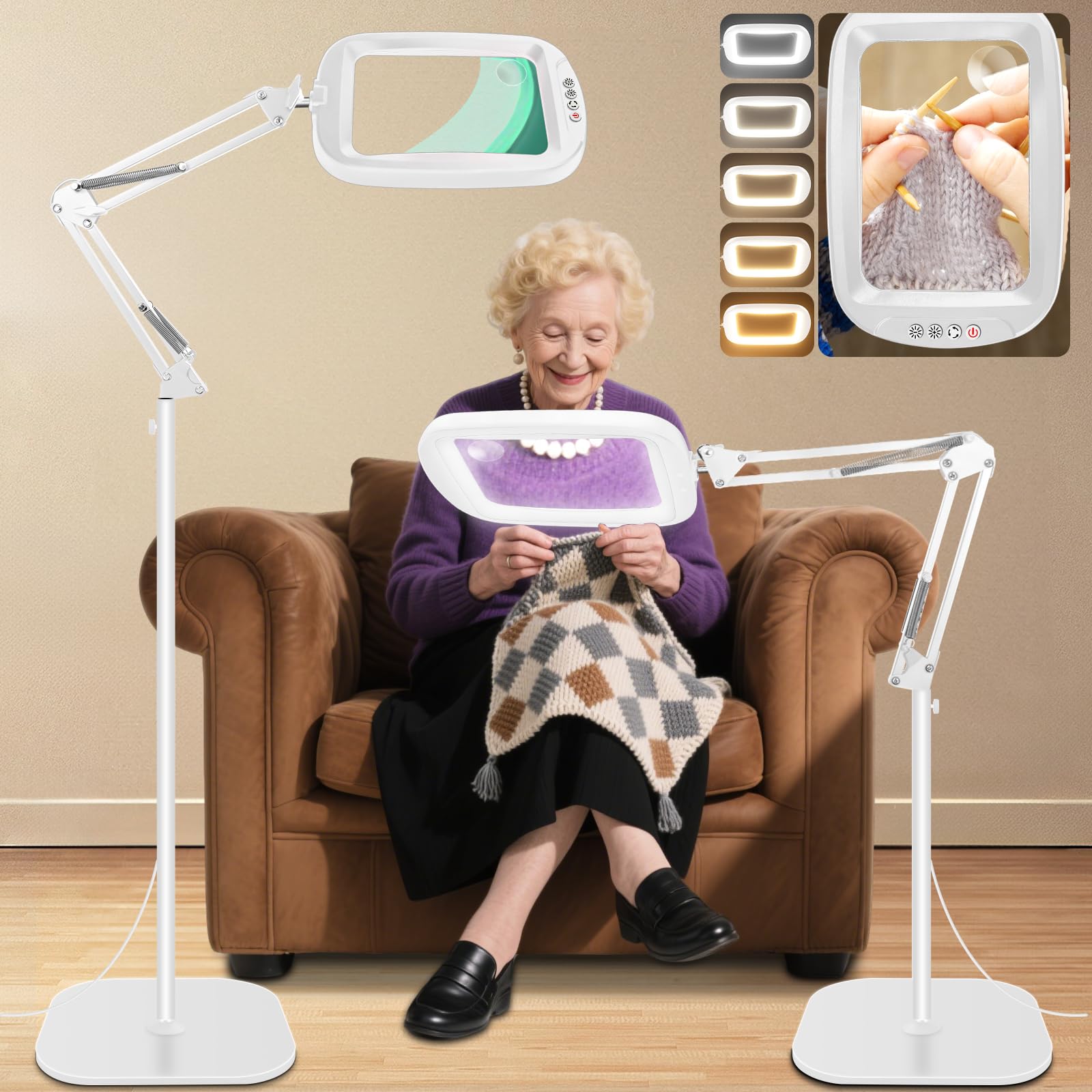 NZQXJXZ 10X 30X Rectangle Magnifying Glass with Light and Stand, LED Lighted Floor Magnifying Lamp, 5 Colour Modes, 4 Levels of Dimming, Hands-Free Magnifier for Close Work, Reading, Craft, Hobby