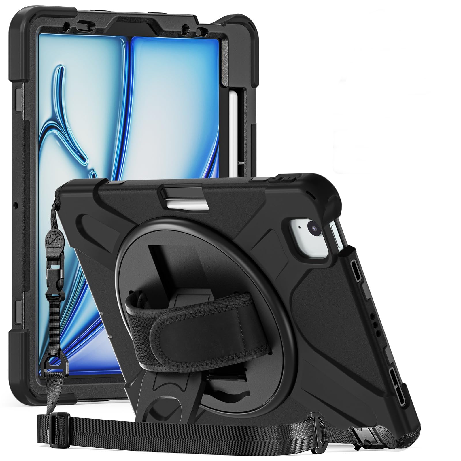 ProElite Rugged 3 Layer Armor case for Apple iPad Air 11 M3/M2 2025/2024/iPad Air 5th/4th Gen 10.9/iPad Pro 11 4th/3rd Gen with Apple Pencil Holder, Hand Grip and Rotating Kickstand, Black-image-42