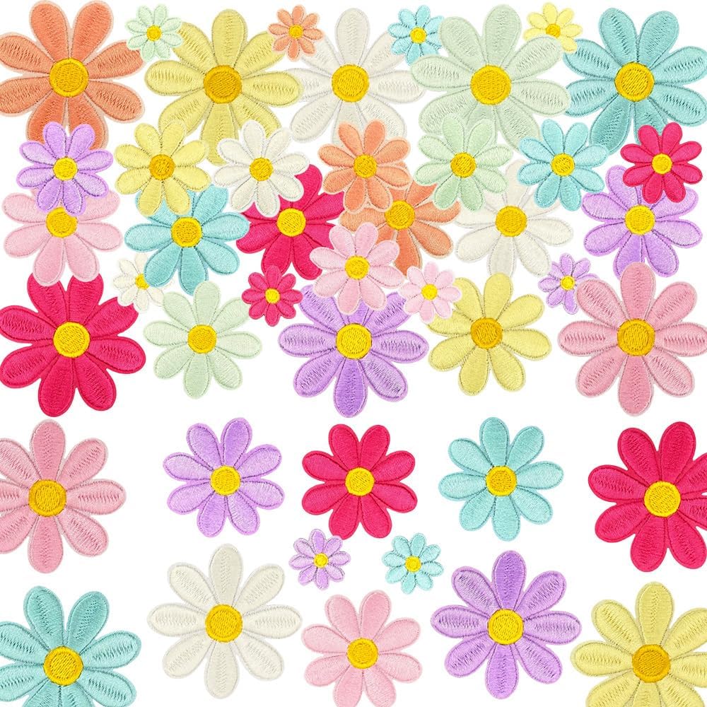 64 Pcs 8 Color 4 Sizes Embroidered Iron On Patch, Daisy Flower Iron On Patch, Mini Colorful Floral Embroidery Sew Glue Applique for Clothing Hats Jeans Backpacks DIY Crafts Girls Women Decor