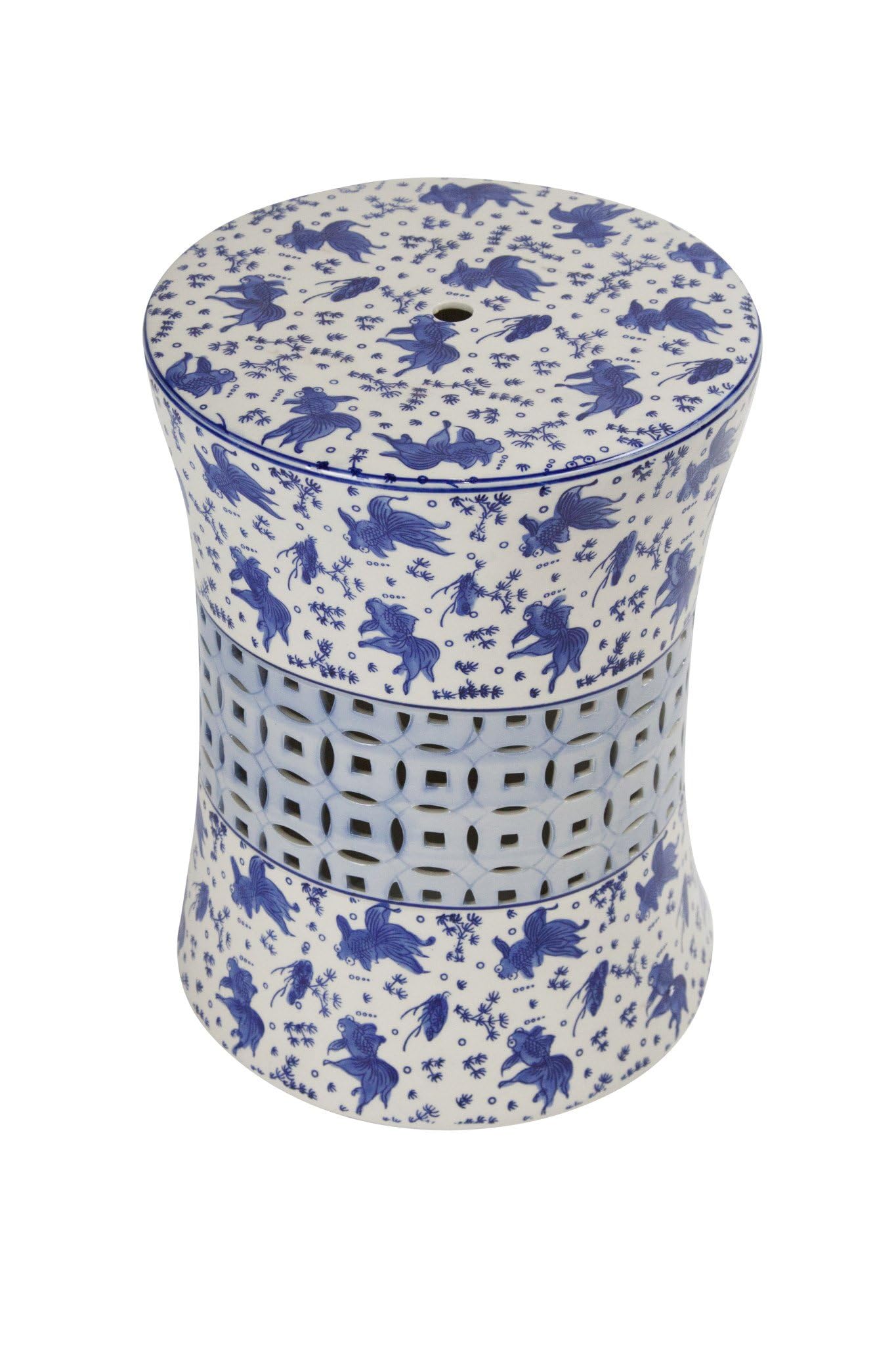 Tabouret Céramique Chinois Poissons Koi Bleu Blanc - Diamètre 33 Cm, Hauteur 46 Cm, Fait Main, Pour Jardin Ou Intérieur