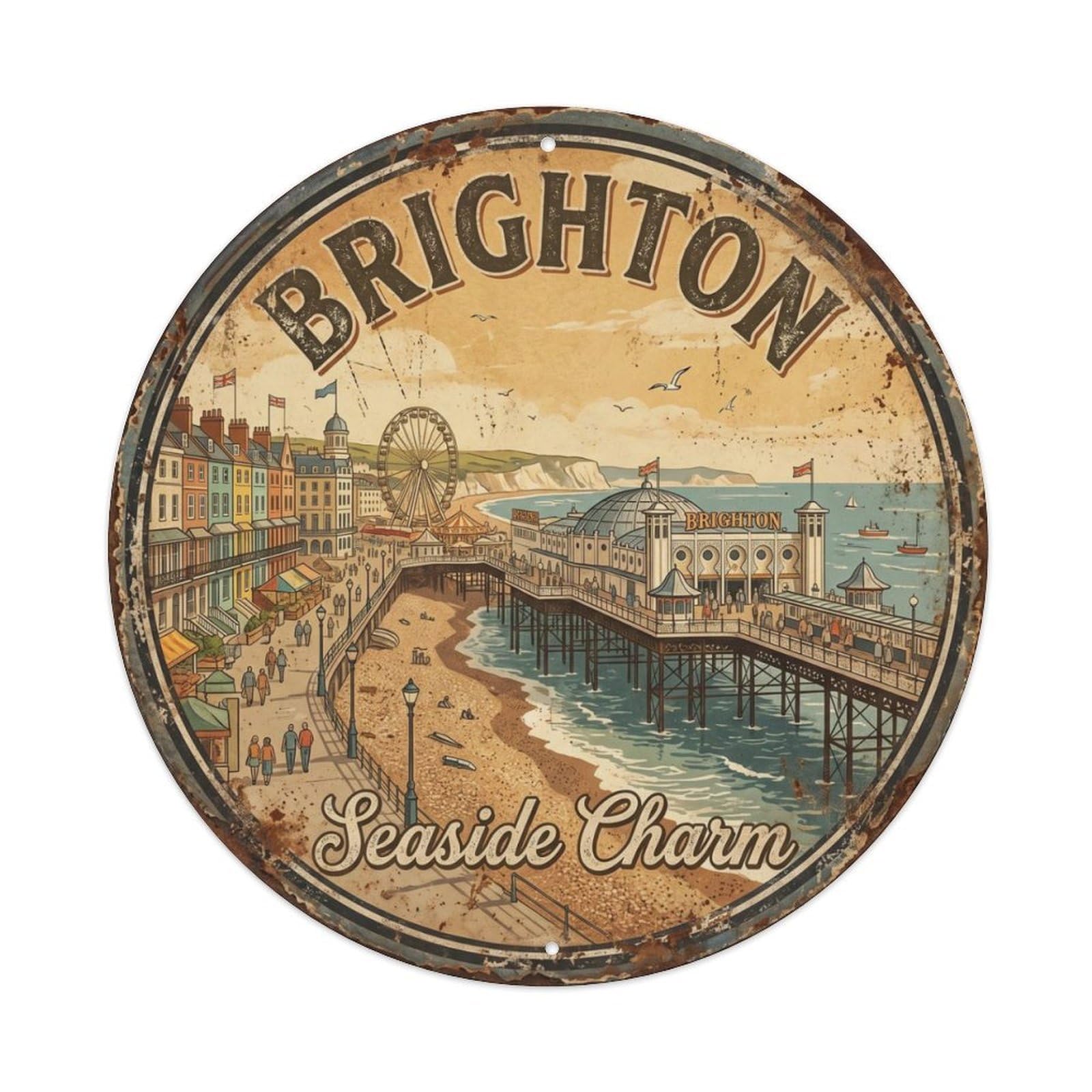 Vintage Travel Brighton Pier Seaside Metal Tin Sign Plaque Wall Decor for Cafe, Club Bar, Office, Home Garden Round Metal Poster 8x8Inch