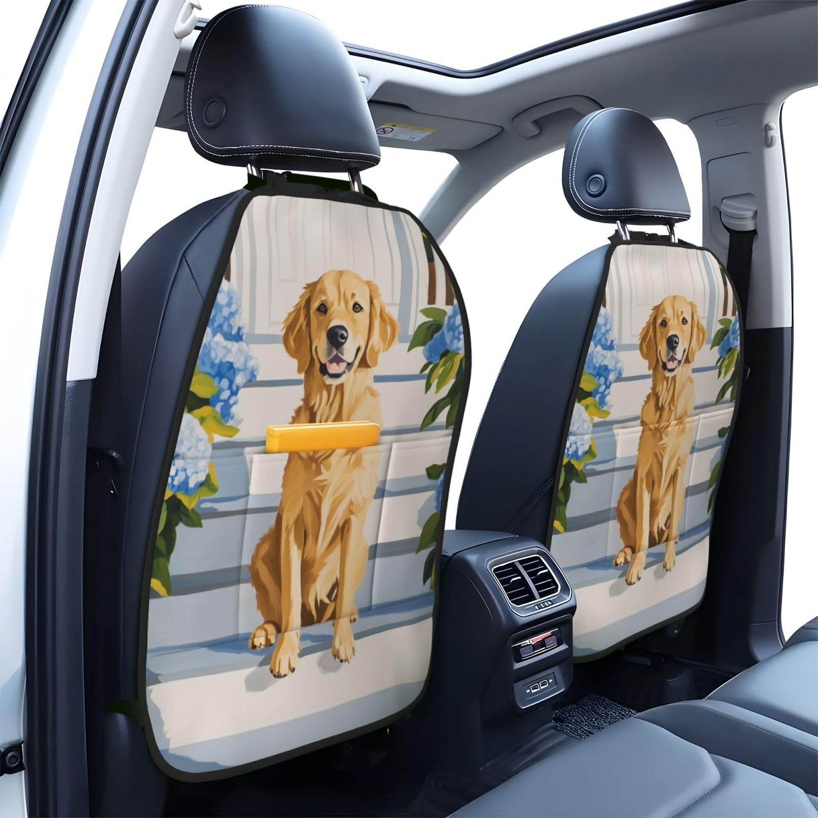 Golden Retriever White Porch Hydrangeas Car Seat Back Kick Protectors,2 Pack Kick Mats With Storage Pockets For Vehicles To Protect From Dirt Mud Scratches