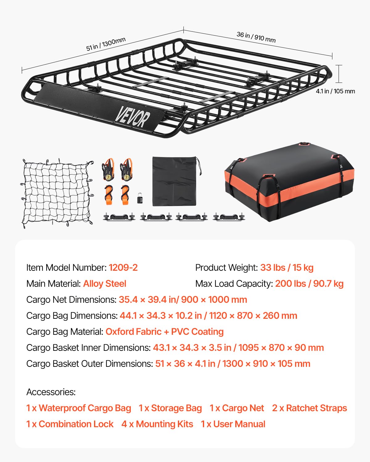 VEVOR Cesta para Portaequipajes de Techo 130x91x10,5 cm Portaequipajes Universal para Techo con Bolsa de Carga 112x87x26 cm Carga Máxima de 90,7 kg Soporte de Equipajes para SUV, Camión, Coche