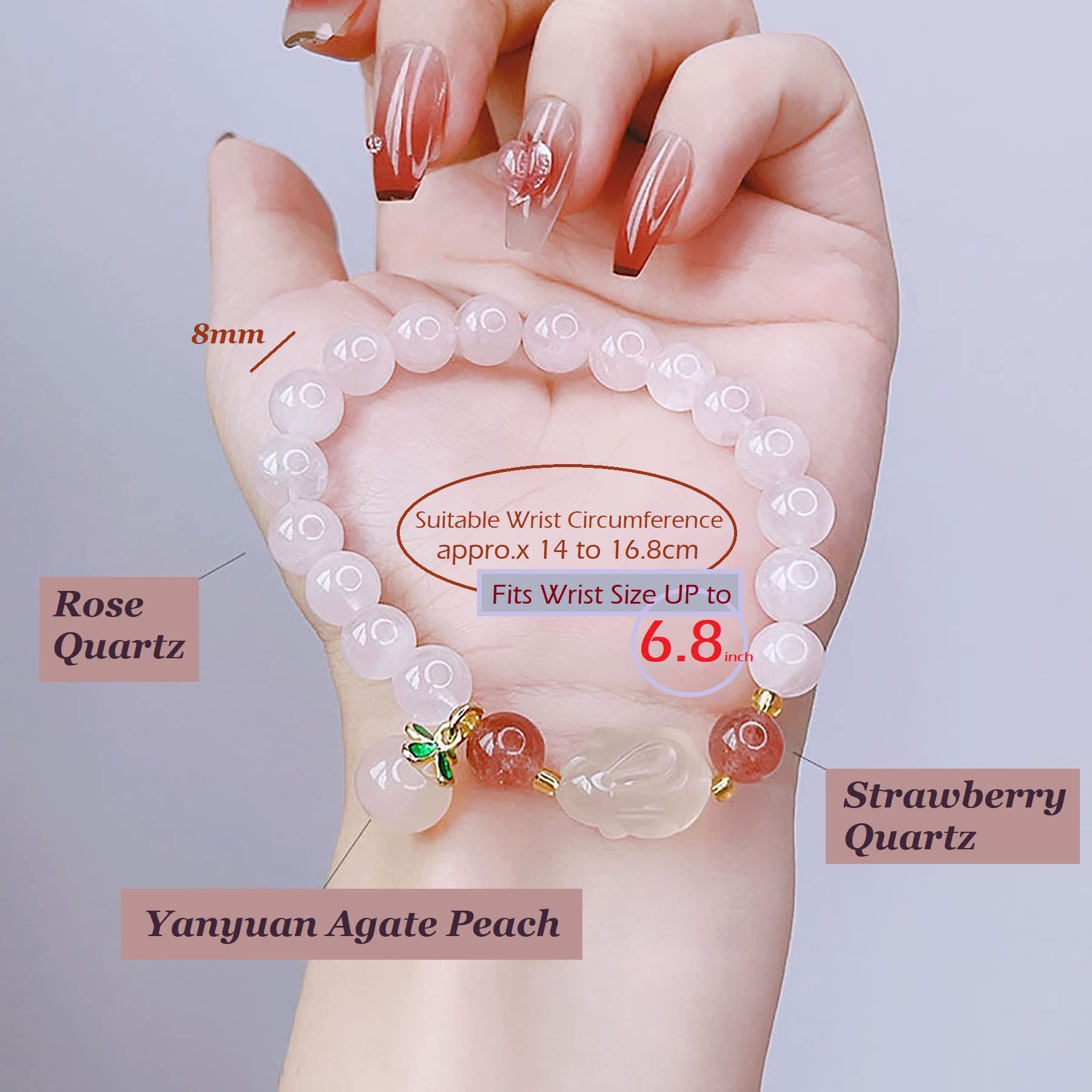 Bracciale Feng Shui, Bracciale in Quarzo Rosa Bracciale MultiWealth 8 mm Rosa Pesca Coniglio Corniola Bianca Talismano per Il Chakra del Coniglietto Amuleto per Amore Prosperità