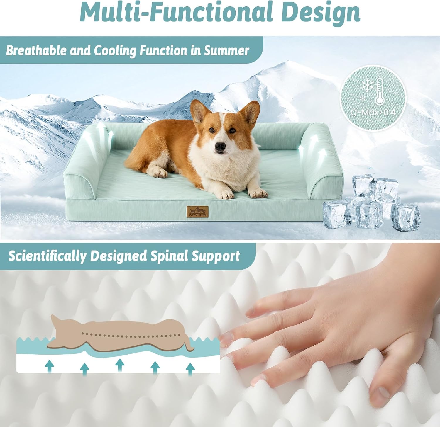 Cooling Dog Bed, Orthopedic Foam Dog Bed with Sides, Removable Cover & Waterproof Lining and Nonskid Bottom, Comfortable Pet Beds for Medium Dogs, Green (36" L x 27" W x 6.5" Th)