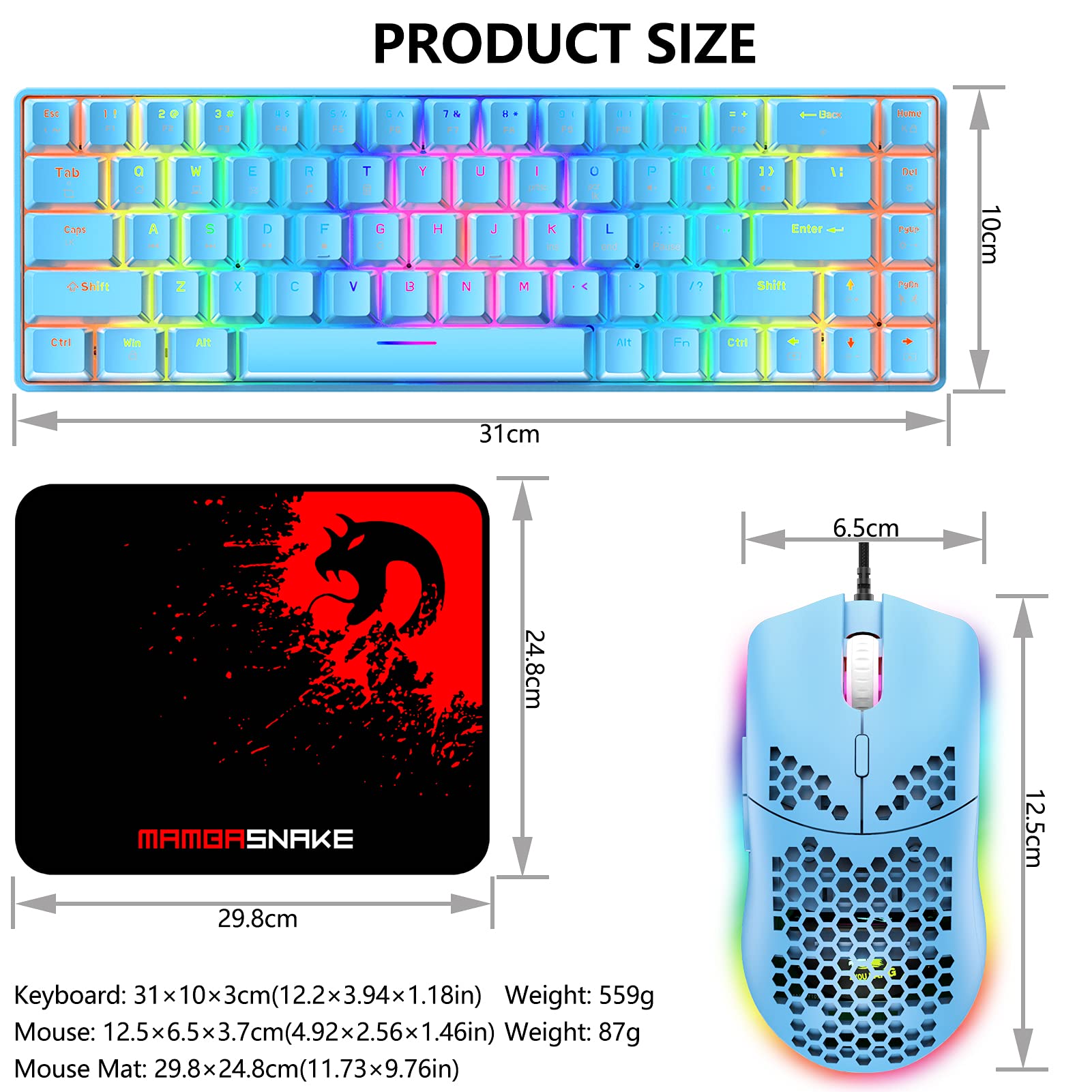 RGB Gaming Tastatur und Maus Set, 68 Tasten Blauer Schalter 60% Mini Chroma Mechanische Tastatur, 6400DPI Leichte Optische Waben Maus, USB-Kabel, Kompatibel mit Windows Mac PS4 Xbox, Blau