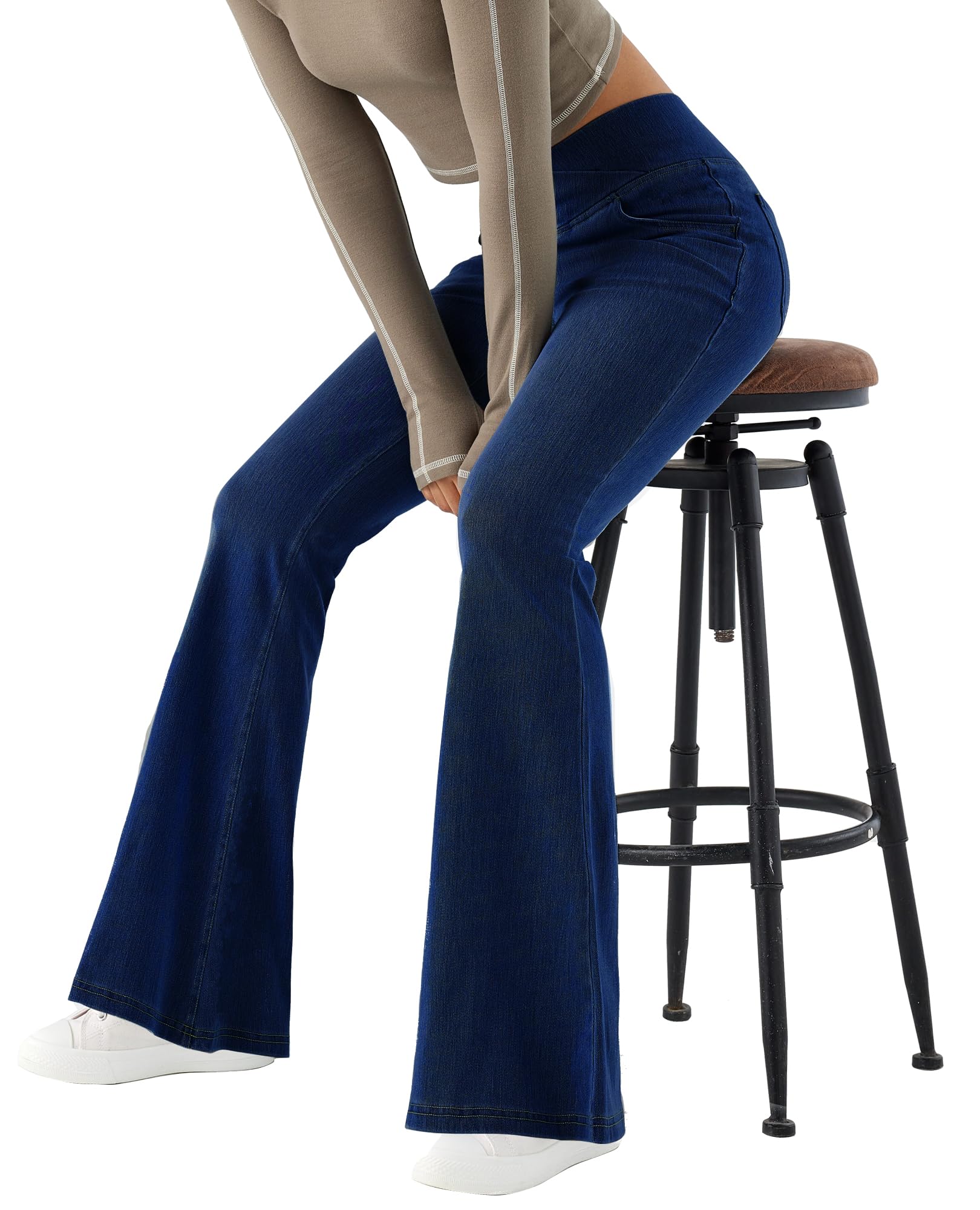 LaiEr Damen V Crossover Hohe Taille Bauchkontrolle Casual Fitness Skinny Yoga Hosen, Faux Denim Print Frauen Bootcut Yoga Hosen, ausgestellte Fitness Hosen mit Seitentaschen