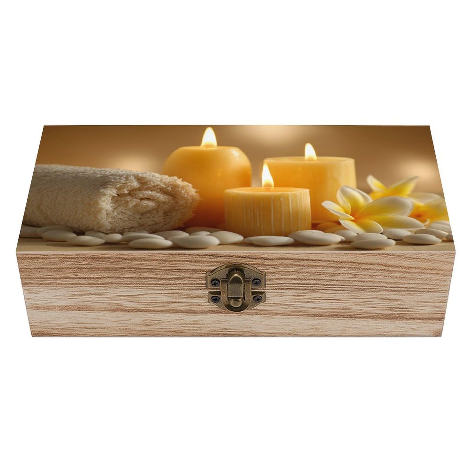 Spa Setting Yellow Candles White Stones Wooden Storage Box with Hinged Lid