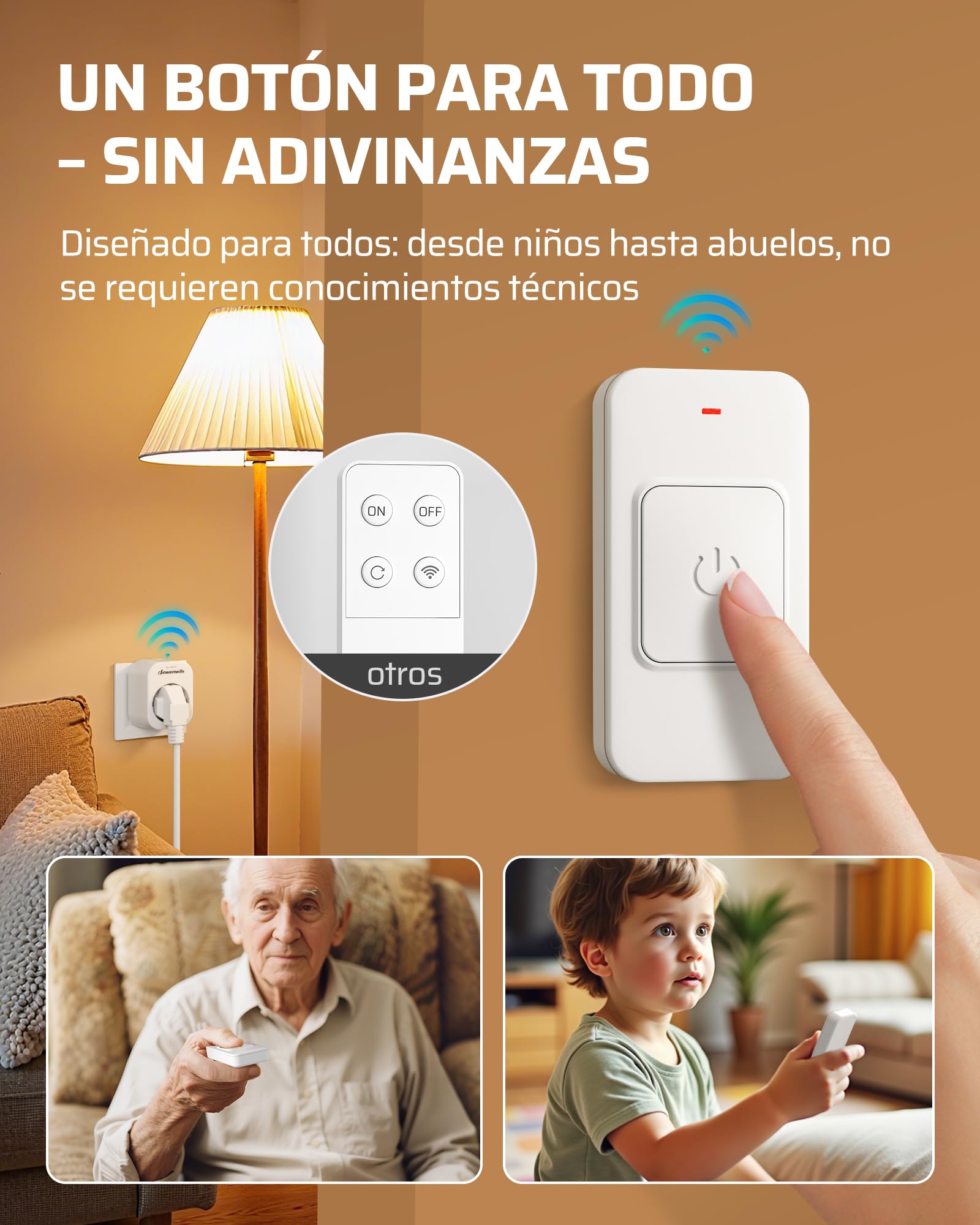 DEWENWILS Enchufe Inalámbrico con Control Remoto, 3680W, Interruptor magnético de un solo botón, Alcance 30m, Preconfigurados, Juego de enchufes inalámbricos para lámparas, electrodomésticos, Blanco