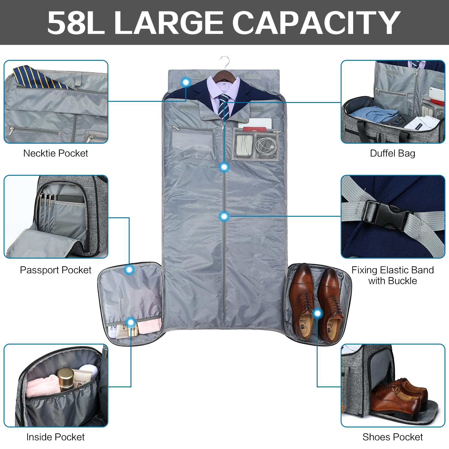 Borsa da viaggio da uomo, 58 l, con scomparto per scarpe e funzione zaino, grande sacco da viaggio, Grigio PU, grigio + PU