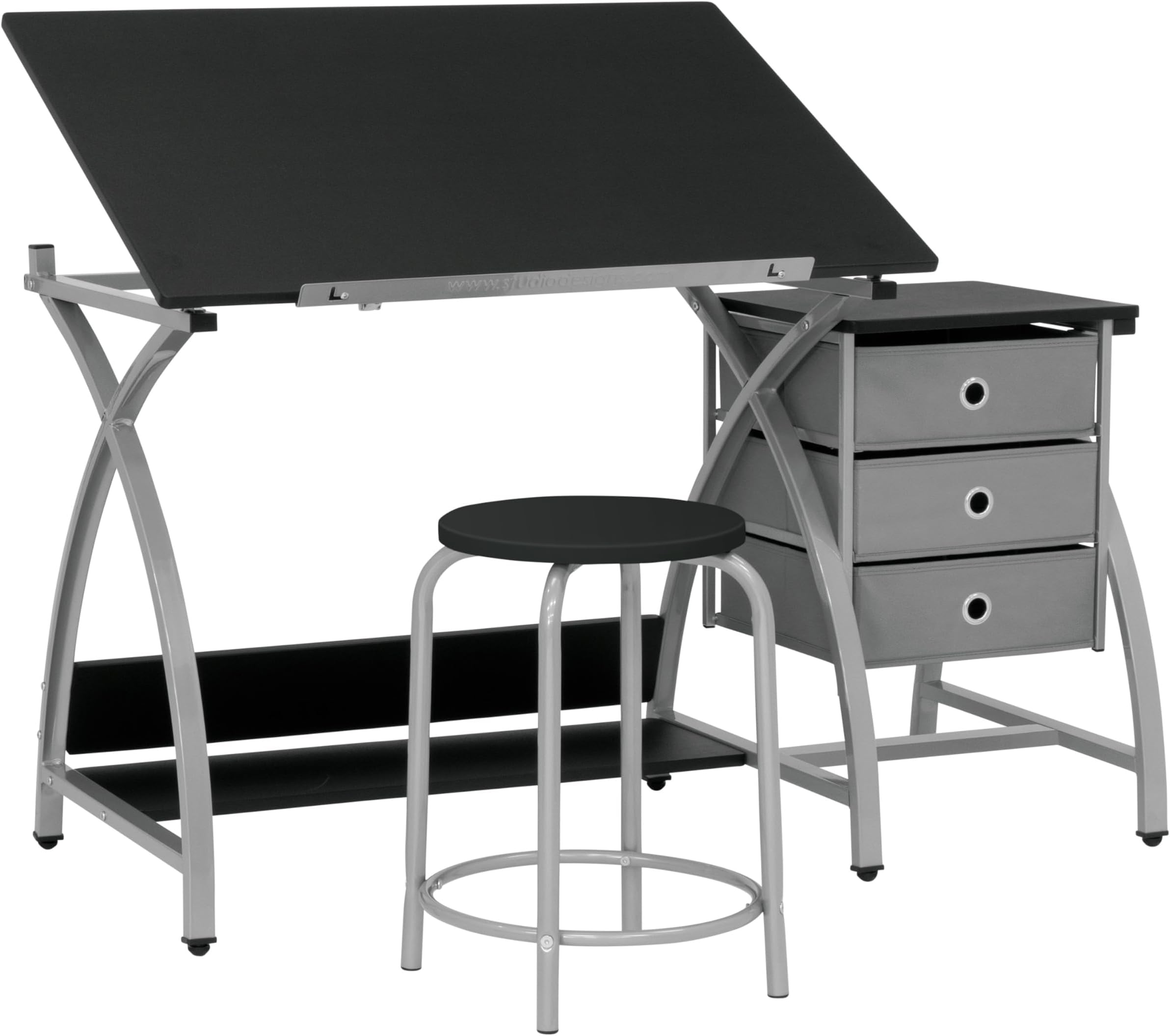 2 Piece Comet Center Plus, Craft Table and Matching Stool Set with Storage and Adjustable Top, Silver/Black