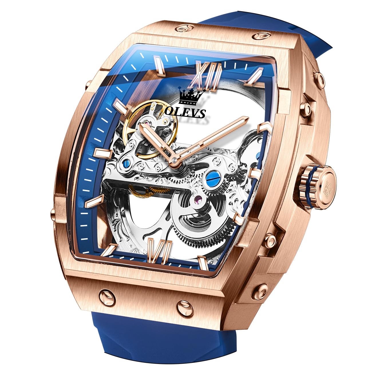 Mens Skeleton Watch Automatic Mechanical Tonneau Casual Silicone Strap Wrist Watches for Men
