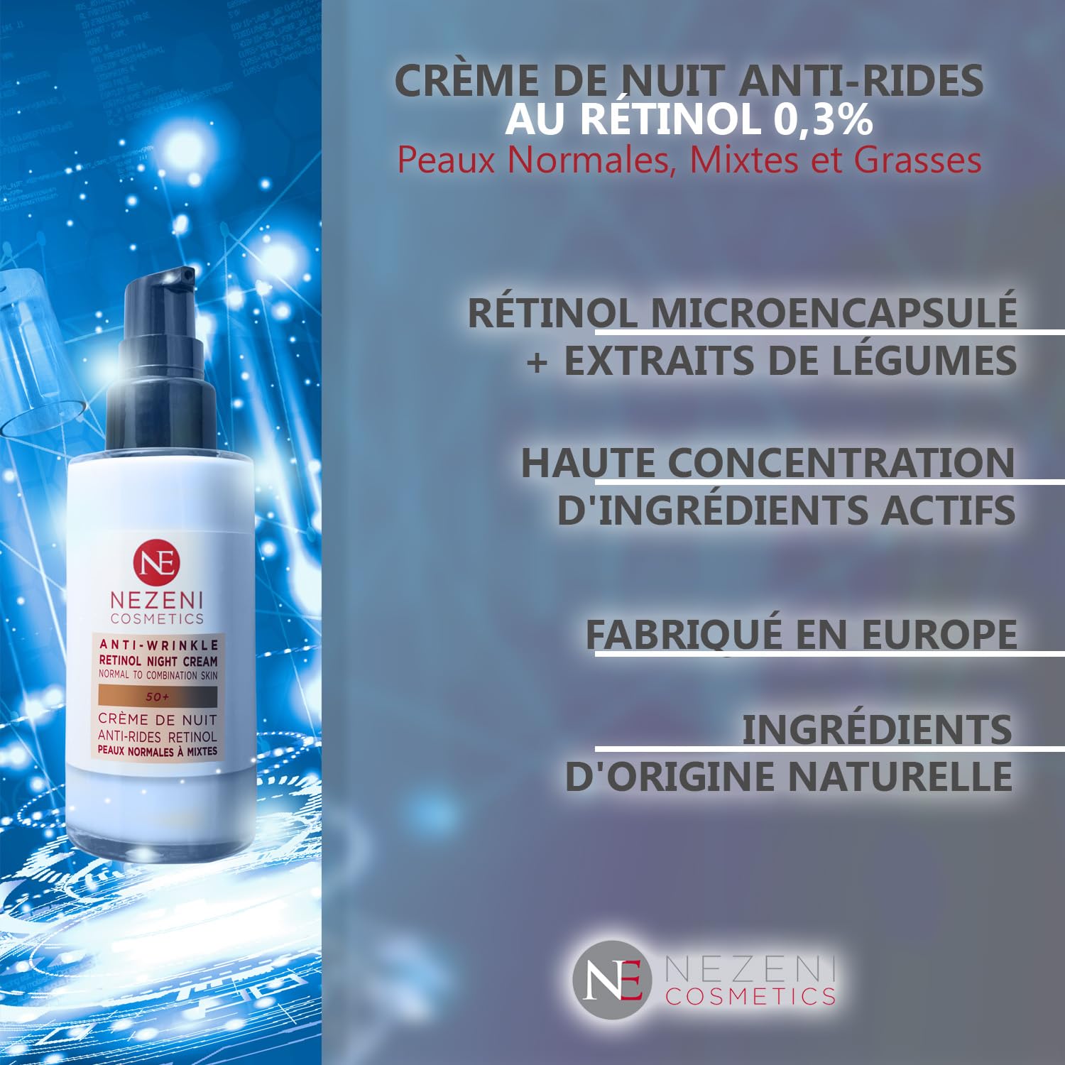 Nezeni Crema Noche 0.3% RETINOL PURO Antiarrugas Mujer/Hombre 27 Activos | Rellenador Arrugas Profundas Con Ácido Hialurónico | Crema Reafirmante Cara, Cuello y Escote | Piel Normal, Grasa y Mixta