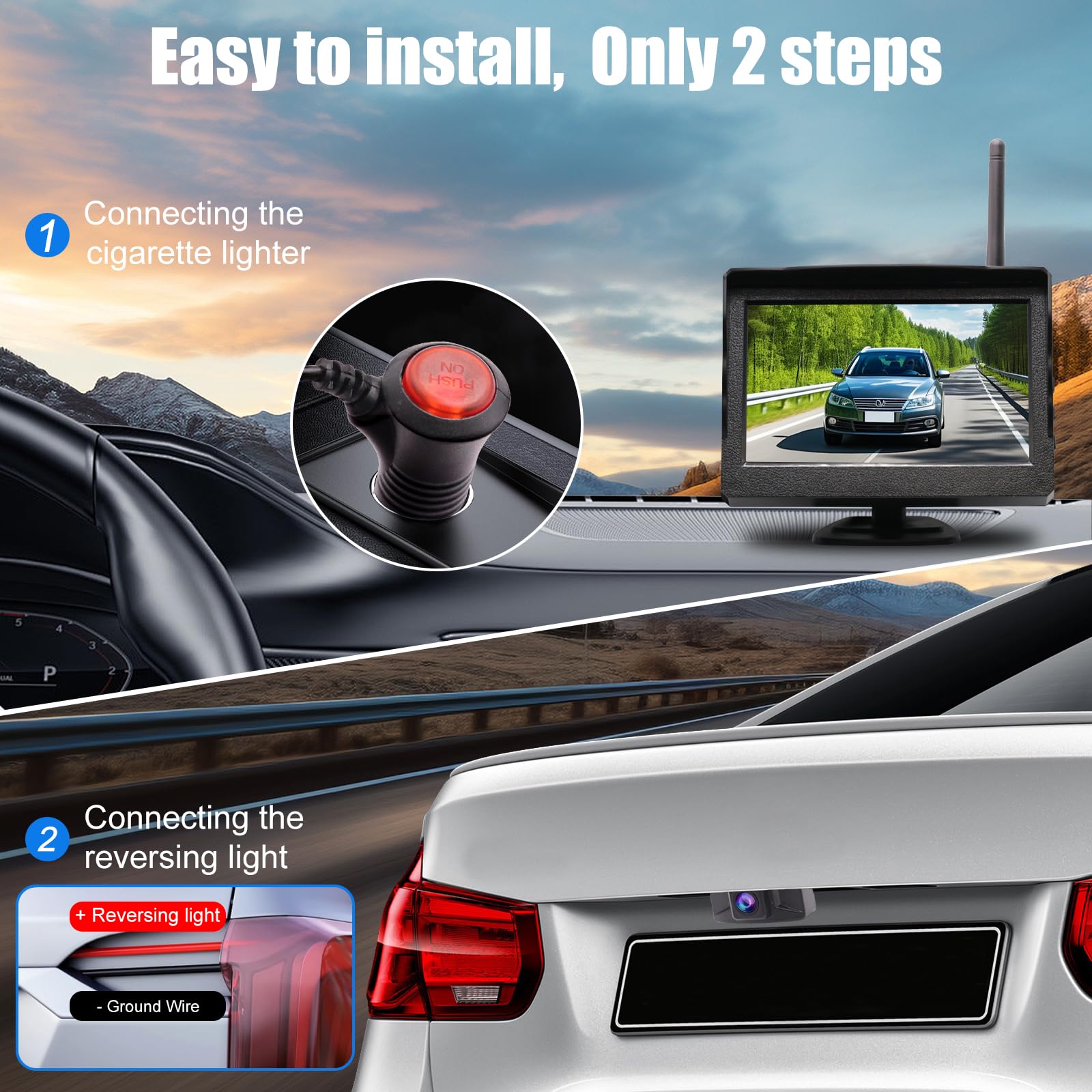 Kit Camara Marcha Atras Coche Inalambrica Digital, 1080P Cámara Visión Trasera WiFi IP68 Impermeable con 5" LCD Monitor, Instalación Simple Transmisión 300M para 12V-36V Camiones camionetas SUV