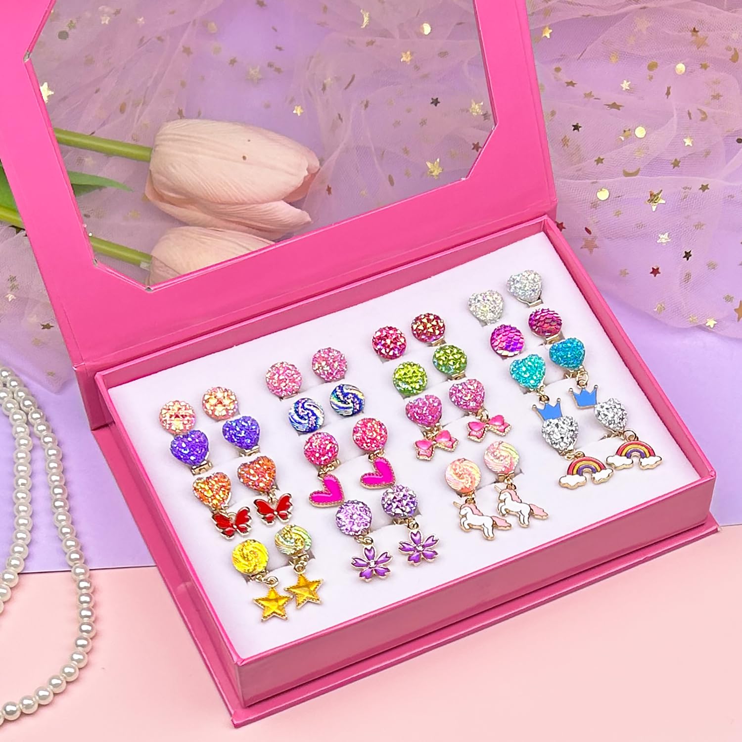 EleMirsa 16 Pairs Kids Clip On Earrings for Girls Jewelry Earrings Princess Game Dress Up Pretend Play Earrings for Little Girls Earrings Set Gift Box