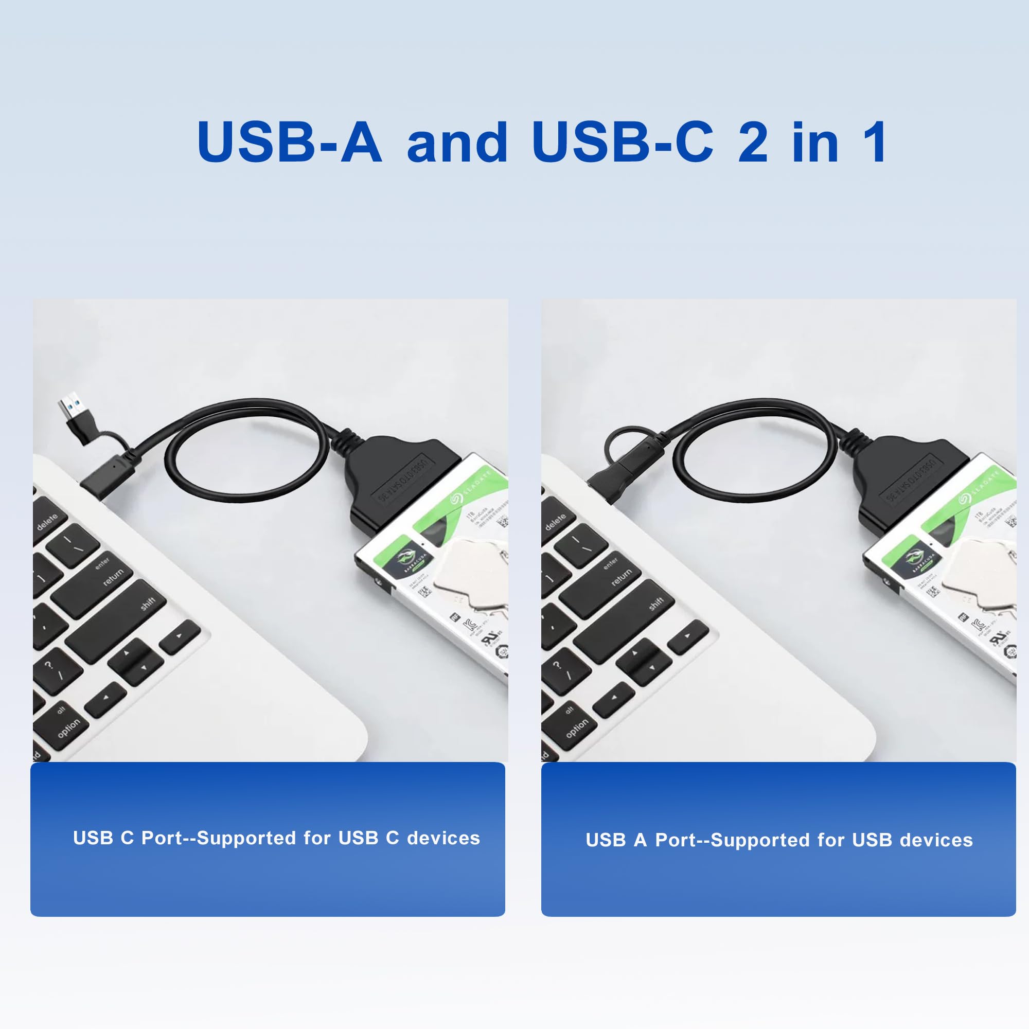 Cable SATA a USB de 3.2 pies, 2 en 1 USB-C/USB-A 3.0 a SATA III, adaptador de disco duro compatible con HDD y SSD de 2.5 pulgadas (39.4 in) 4