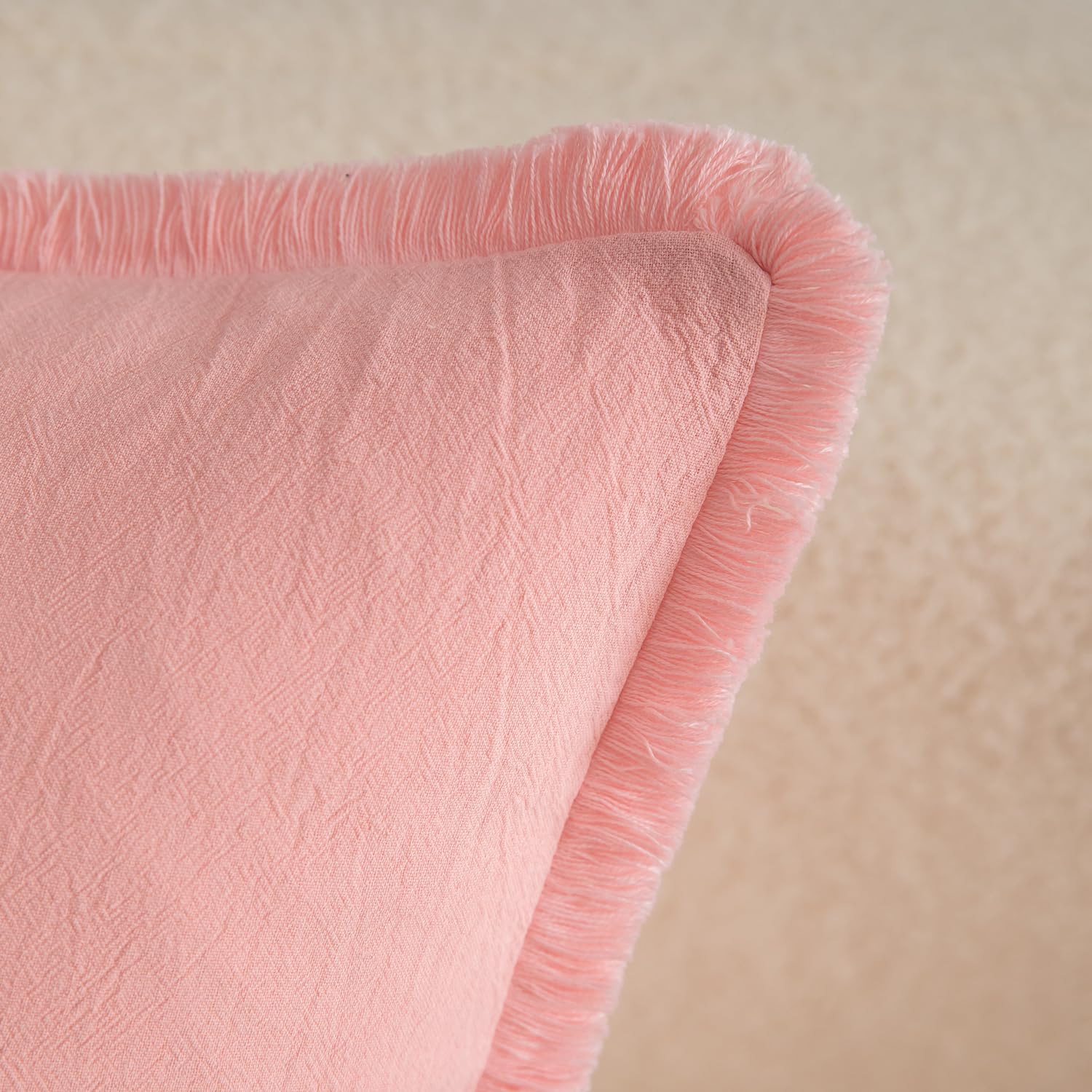 Mandioo Set of 2 Neutral Cotton Fringe Cushion Covers 65x65 cm 26x26 inch Decorative Boho Farmhouse Throw Pillowcase Cozy Tassels for Couch Sofa Bedroom Living Room Home Decor Pink - Image 2