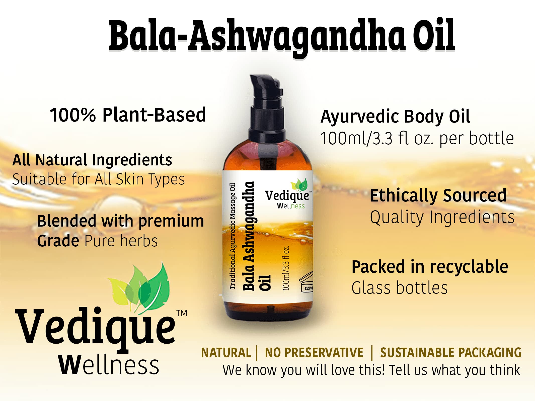 VEDIQUE Remedies Bala Ashwagandha olejek | 500 ml | ponad 15 leczniczych ziół | ajurwedyjski klasyczny olejek do masażu | rewitalizujący, energetyzujący i pielęgnujący | całkowicie naturalny