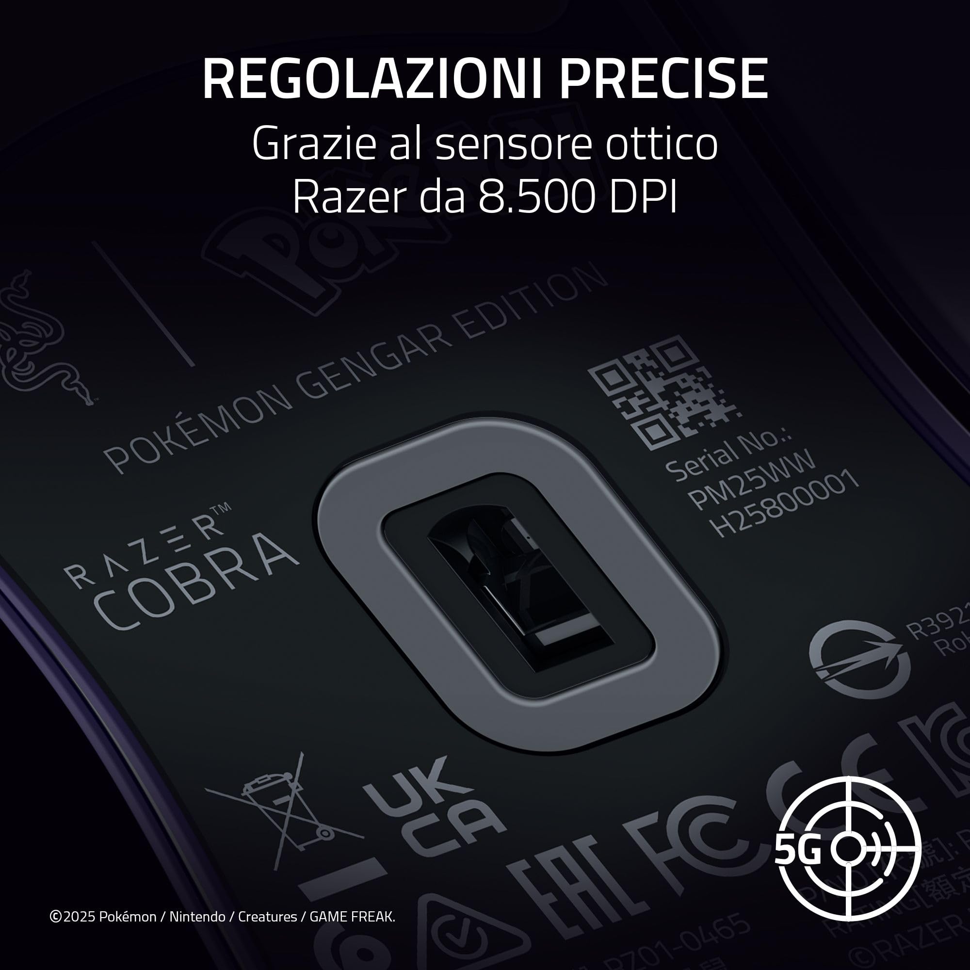 Razer Cobra Gengar Edition - Mouse da gioco leggero con cavo - Sensore da 8500 DPI - 58 g - Interruttori ottici di terza generazione - Illuminazione Chroma - Cavo Speedflex - PC/MAC | Pokémon Gengar