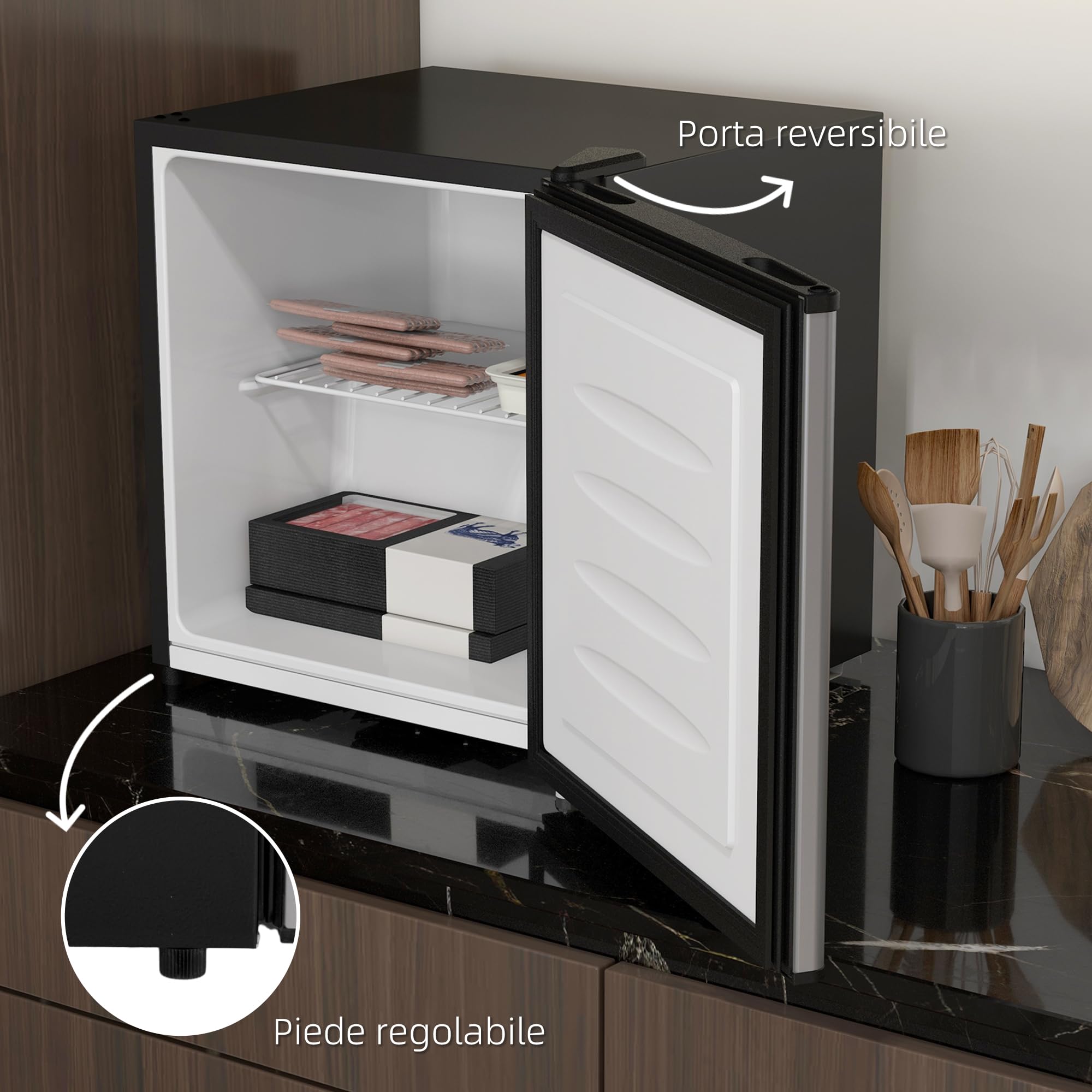 HOMCOM Mini Congelatore 35L, Congelatore Piccolo Silenzioso, Porta Reversibile, Libera Installazione, Temperatura Regolabile -14 ℃- -24℃, Ripiano Rimovibile, Freezer per Ufficio Hotel, 47x44.2x48.8 cm