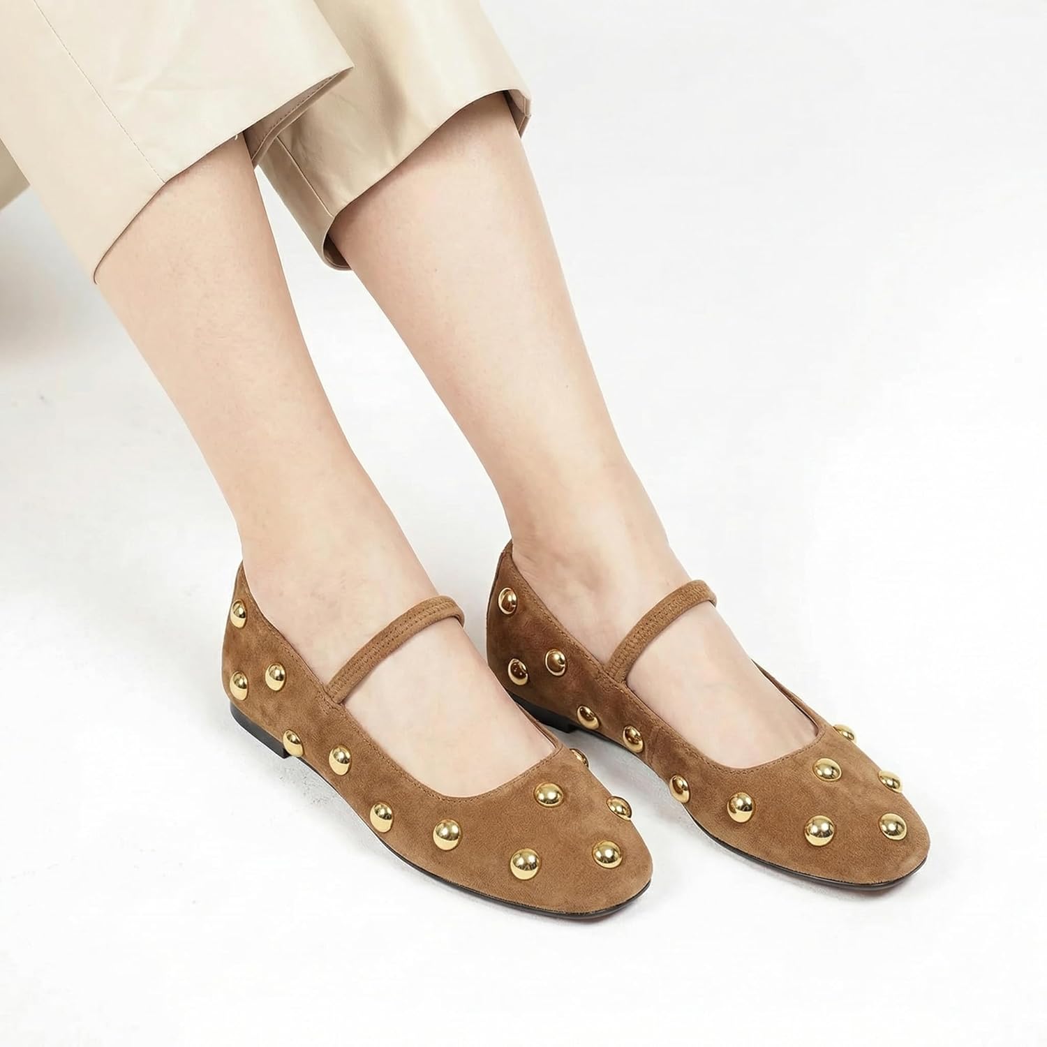 Studded Flats for Women Suqare Toe Slip on Suede Ballet Flats Comfortable Walking Studs Ballet Shoes
