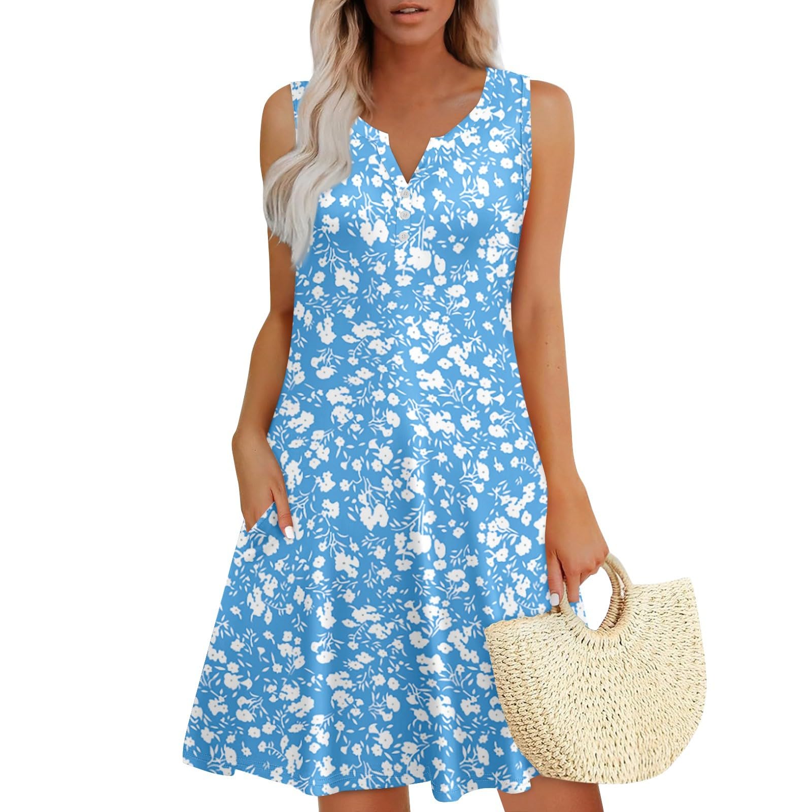DNKZWUPUP Dresses for Women Casual Summer Boho Beach Dress Loose V Neck Sleeveless Sundresses Swimsuit Coverup with Pockets