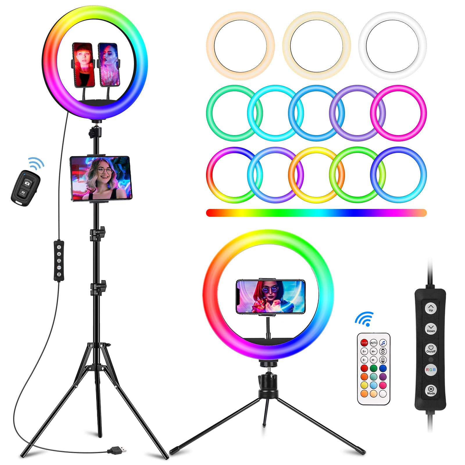 STALLY Anneau lumineux de 30,6 cm avec support de 75 pouces de haut et 2 supports pour téléphone, trépied lumineux pour iPhone avec 3 modes CCT et 29 modes de couleur, obturateur à distance,