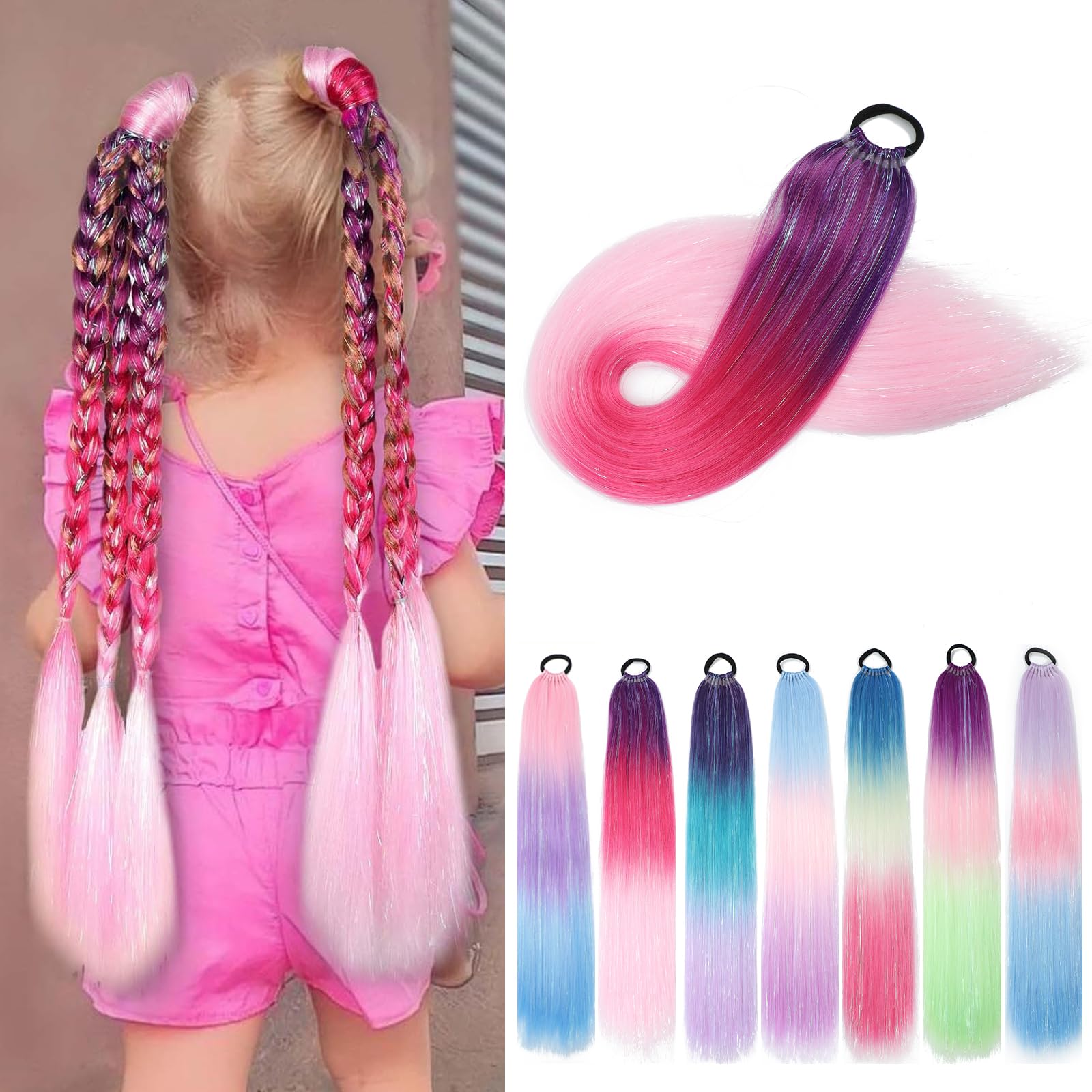1 Packs 26 Inch Rainbow Ponytail Hair Extensions with Tinsel Hair for Jumbo Braiding Hair Extensions Soft Yaki Straight Synthetic Hair Glitter Ponytail for Girls DIY Box Braids (purple-rose-pink)