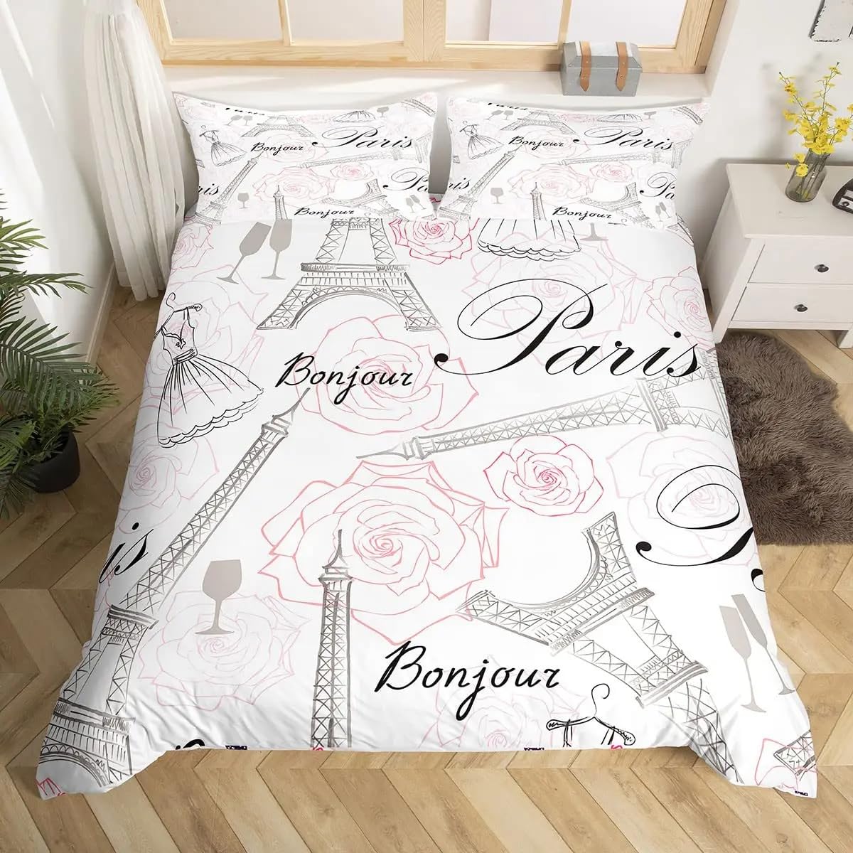 QBIDCSX Bedding Double Bed Set Paris Bedding Double Bed Set - Microfibre Quilt Cover 230x220 cm - Comforter Cover with 2 Pillowcases(Double)