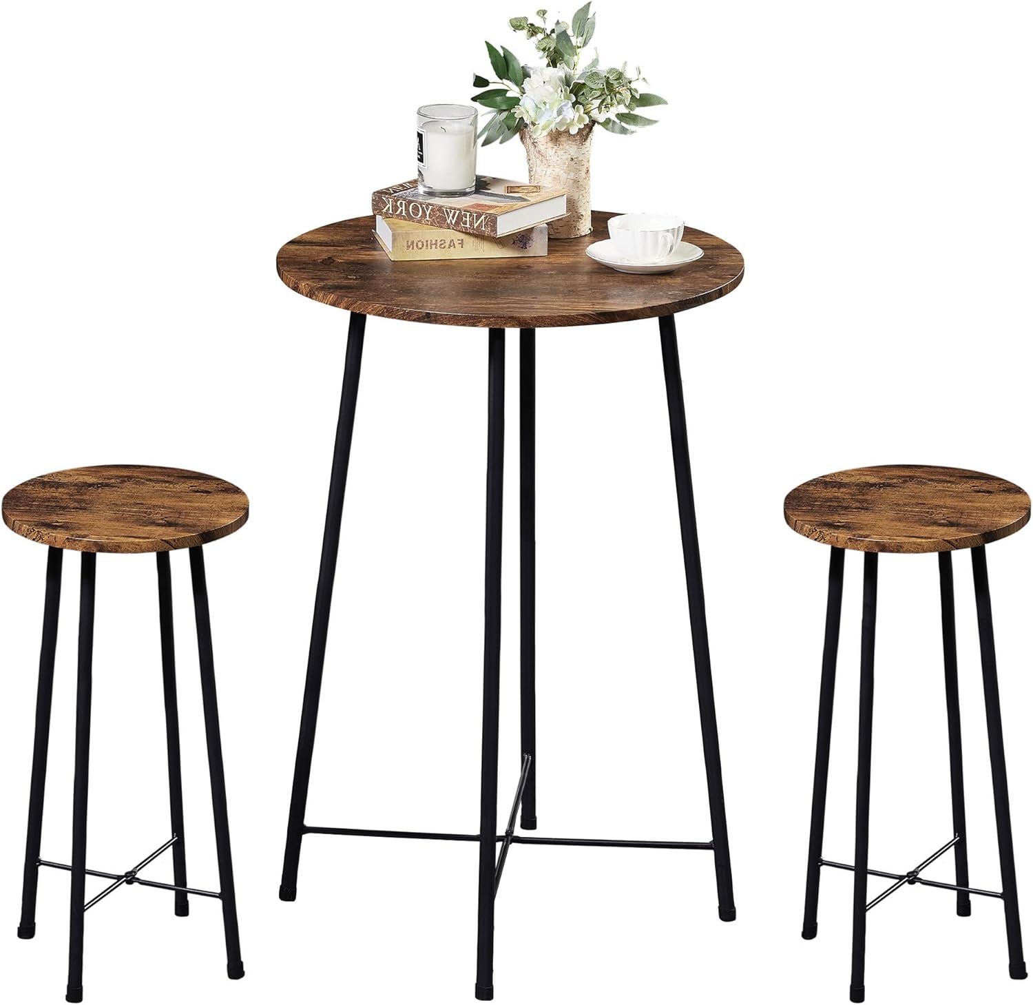 VECELO Small Bar Table and Chairs, Round Bistro Sets with 2 barstools, 3Piece Pub