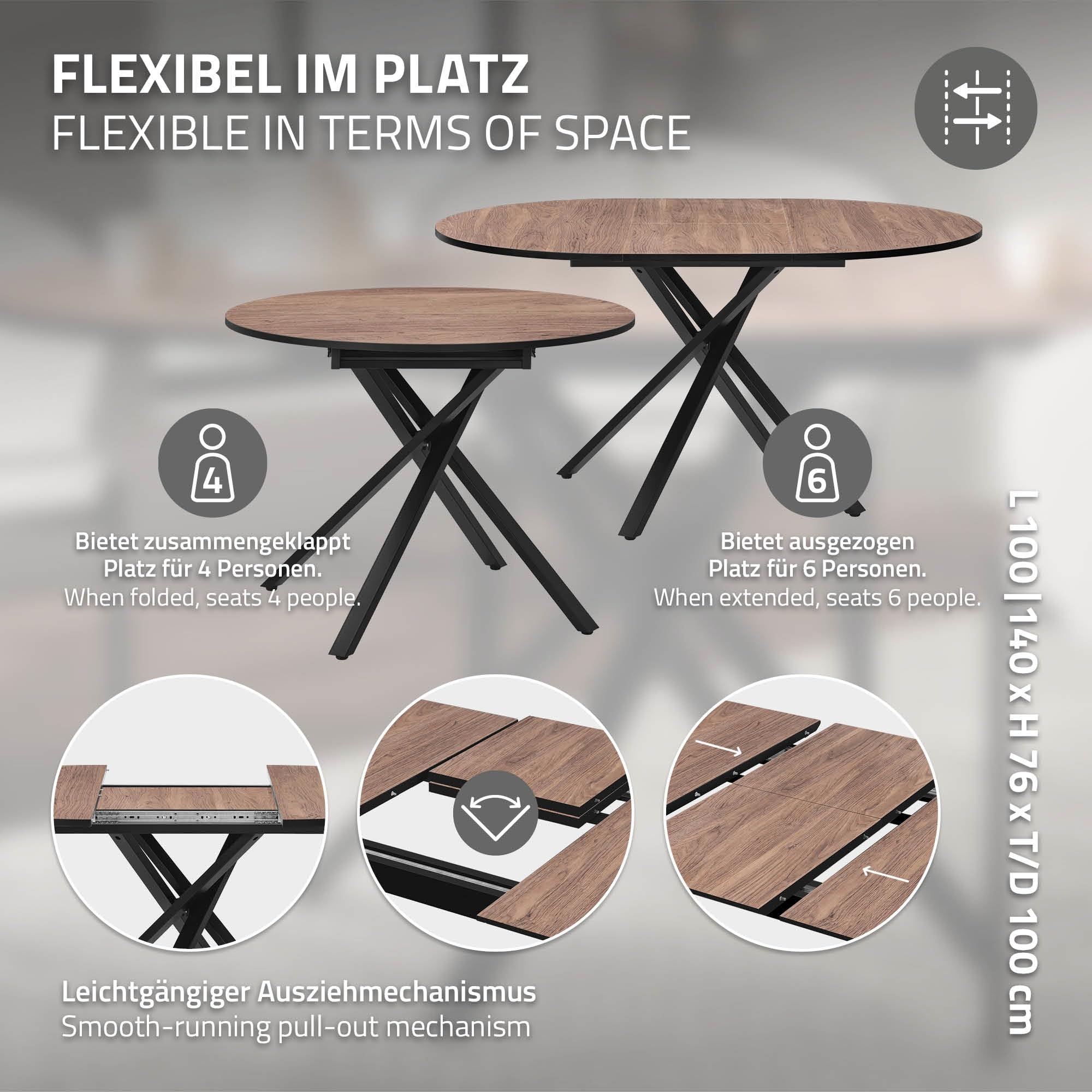 ML-Design Rozkladany Okragly Stól do Jadalni, Brazowy Dekor Drewna 100-140 x 76 x 100 cm, Stól Kuchenny dla 4-6 Osób z Metalowa Podstawa X, Nowoczesny Stól do Salonu, Kuchni, Jadalni, Loftu i Domu