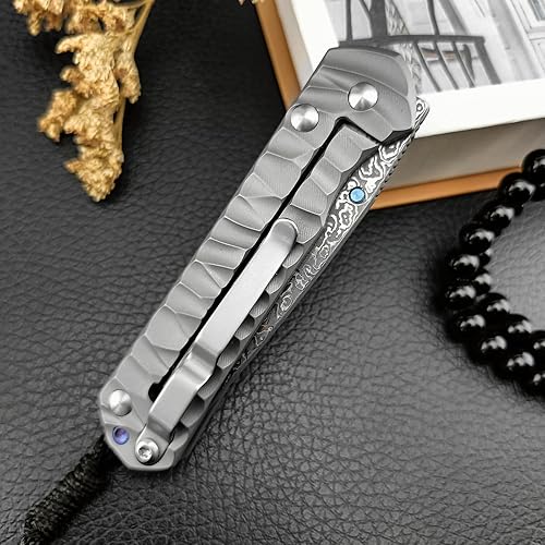 Miniatura 7 de Cuchillo de bolsillo plegable ECD de 6.7 pulgadas, cuchillo plegable de acero de damasco, bloqueo de marco, asas de titanio TC4 con clip de