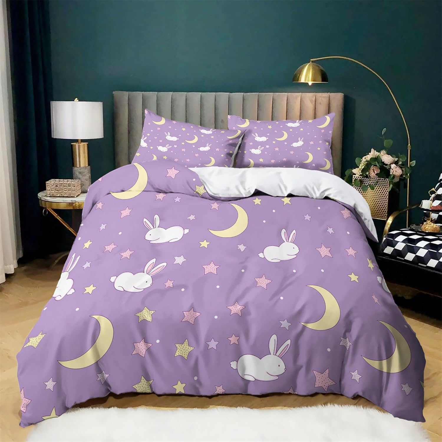 Star Yellow Moon Cartoon Rabbit Duvet Cover Set Super King Size, Soft