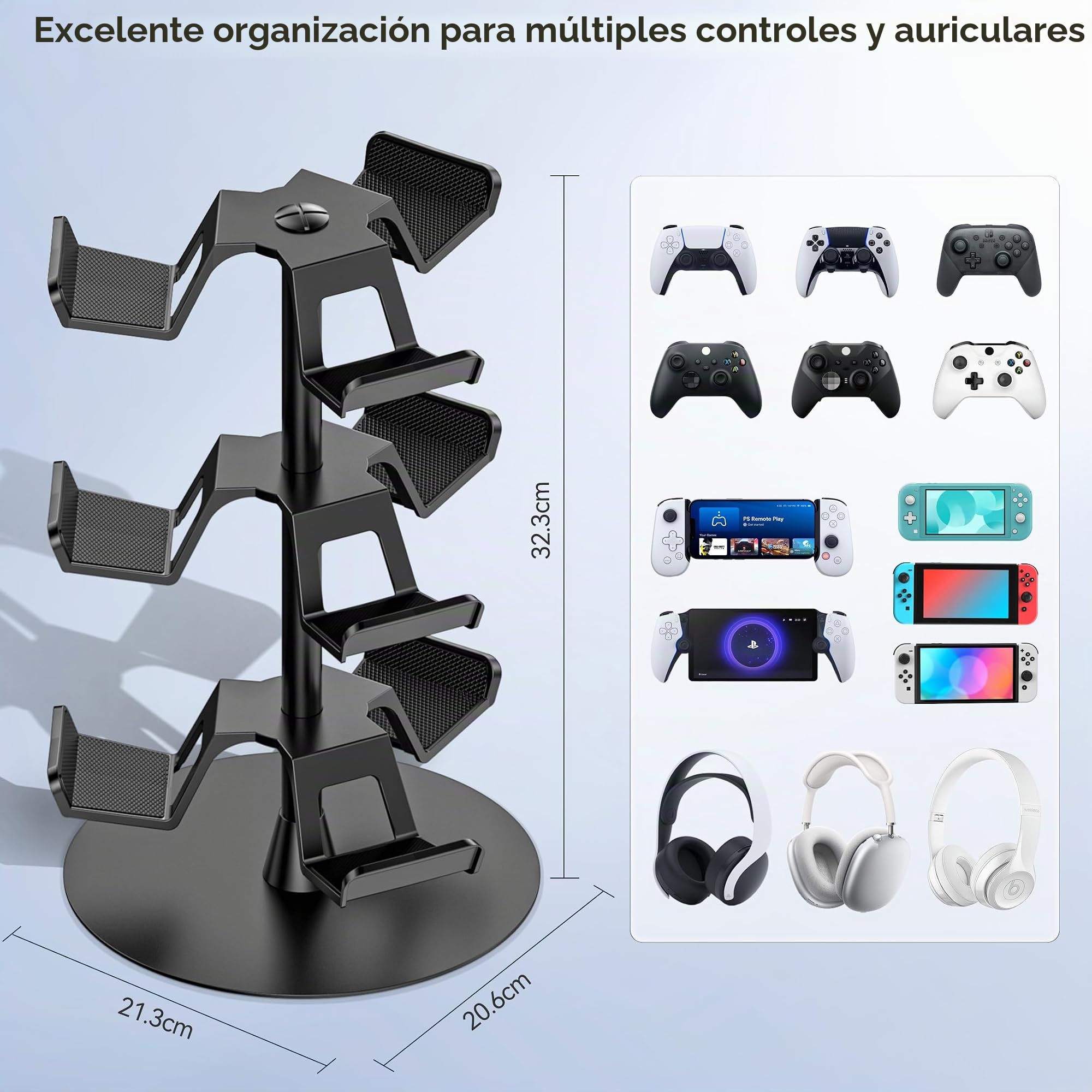 Soporte Mando y Cascos, 3 Niveles Soporte Auriculares para Mesa, 9 de Gran Capacidad para Organizador Mandos, Controller Holder Giratorio para Accesorios Gaming, Fácil de Guardar y Ensamblar, 3 Nivel