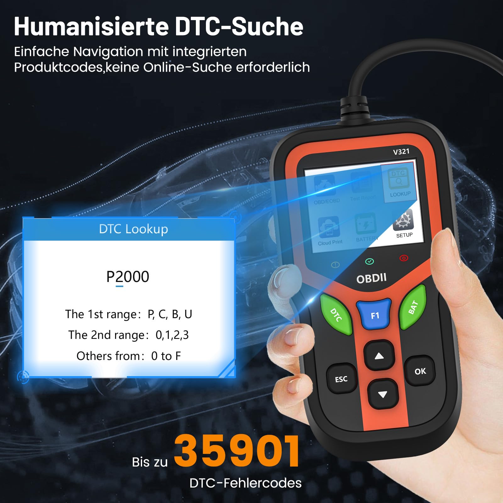OBD2 Diagnosegerät Auto, OBD Fehlerauslesegerät mit Vollständigen OBDII Funktionen – Codeleser für Motorfehler, Spannung & I/M – KFZ Auslesegerät Deutsch für BMW VW Mercedes Audi Alle OBDII Fahrzeugen