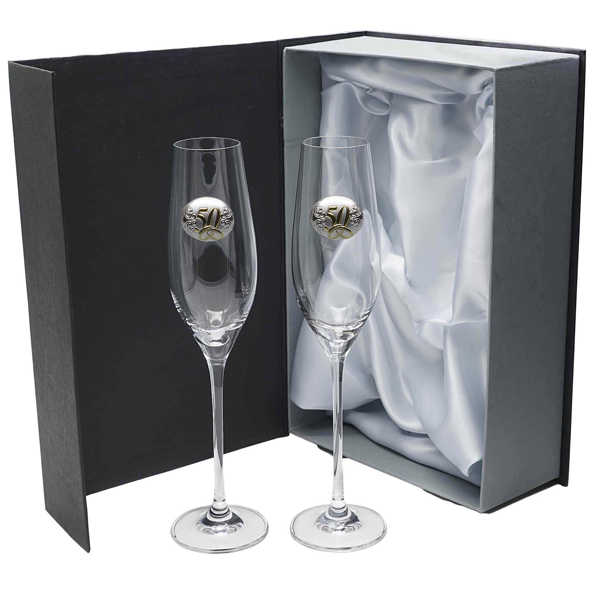 Gala&K | Set de 2 copas de cristal para champán | Para novios | Bodas de plata/oro | Aniversarios | Aplique bilaminado | Colección CELEBRATION-50 ANIVERSARIO.