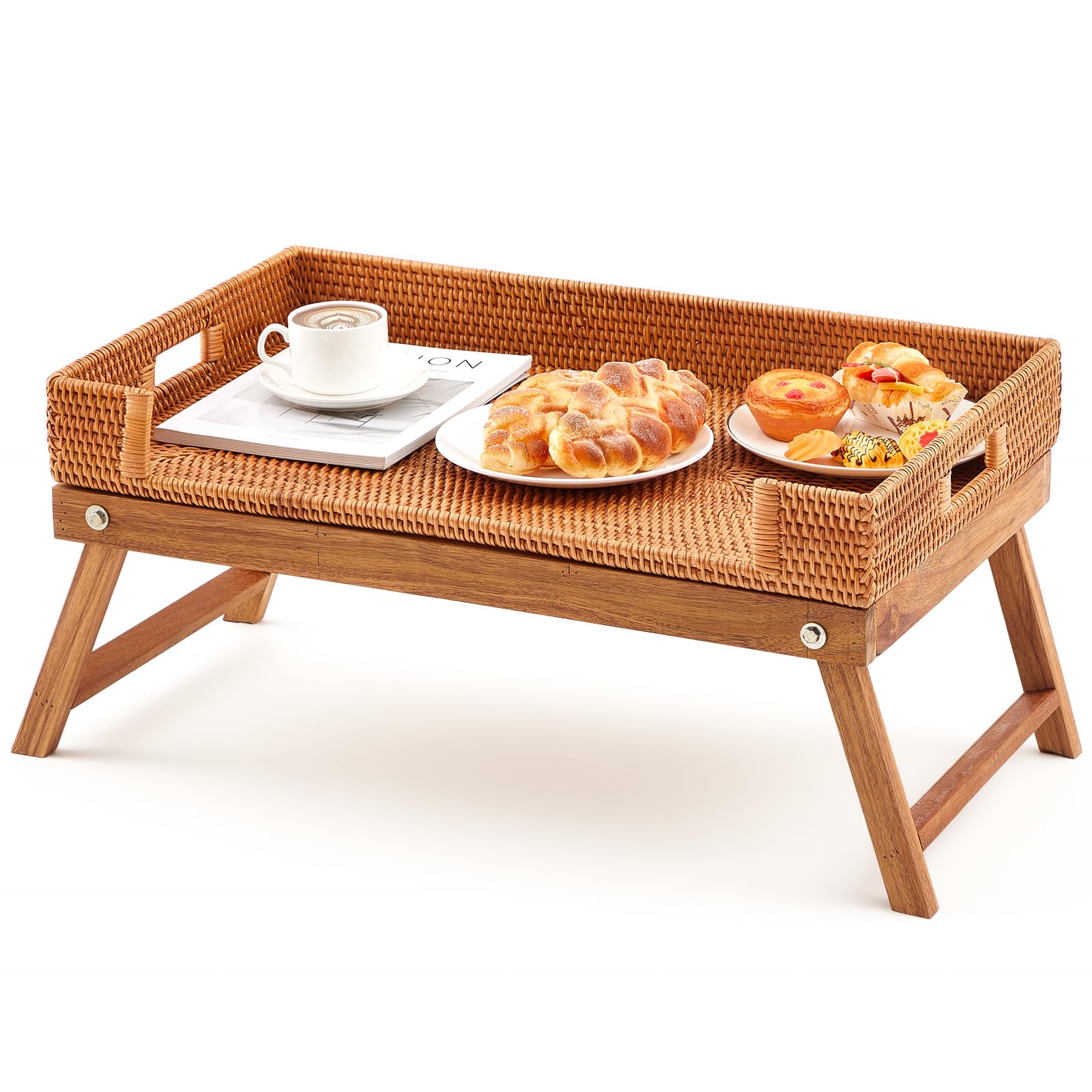 Amazon.co.jp: Colingmill ラタン 朝食テーブルトレイ 折りたたみ式脚