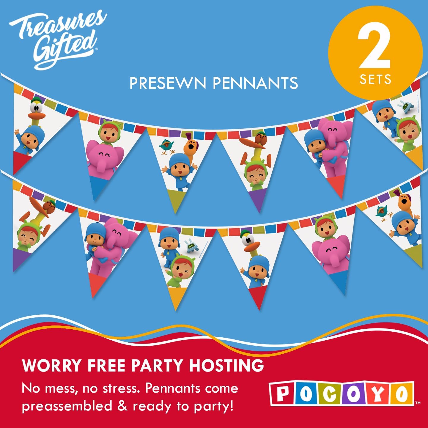 Treasures Gifted Officially Licensed Pocoyo Party Supplies Set of 3 Pre-strung Banners - (1) Birthday Banner & (2) Triangle Pennants - Pocoyo Birthday Decorations